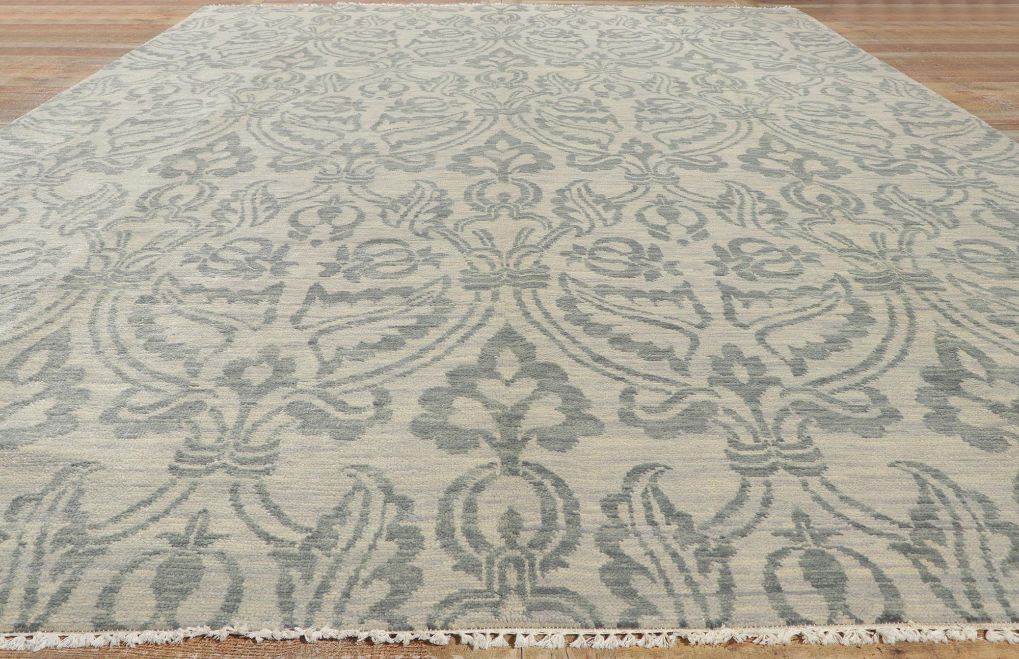 Wool New Transitional Damask Ikat Rug with Blue and Gray Earth-Tone Colors For Sale
