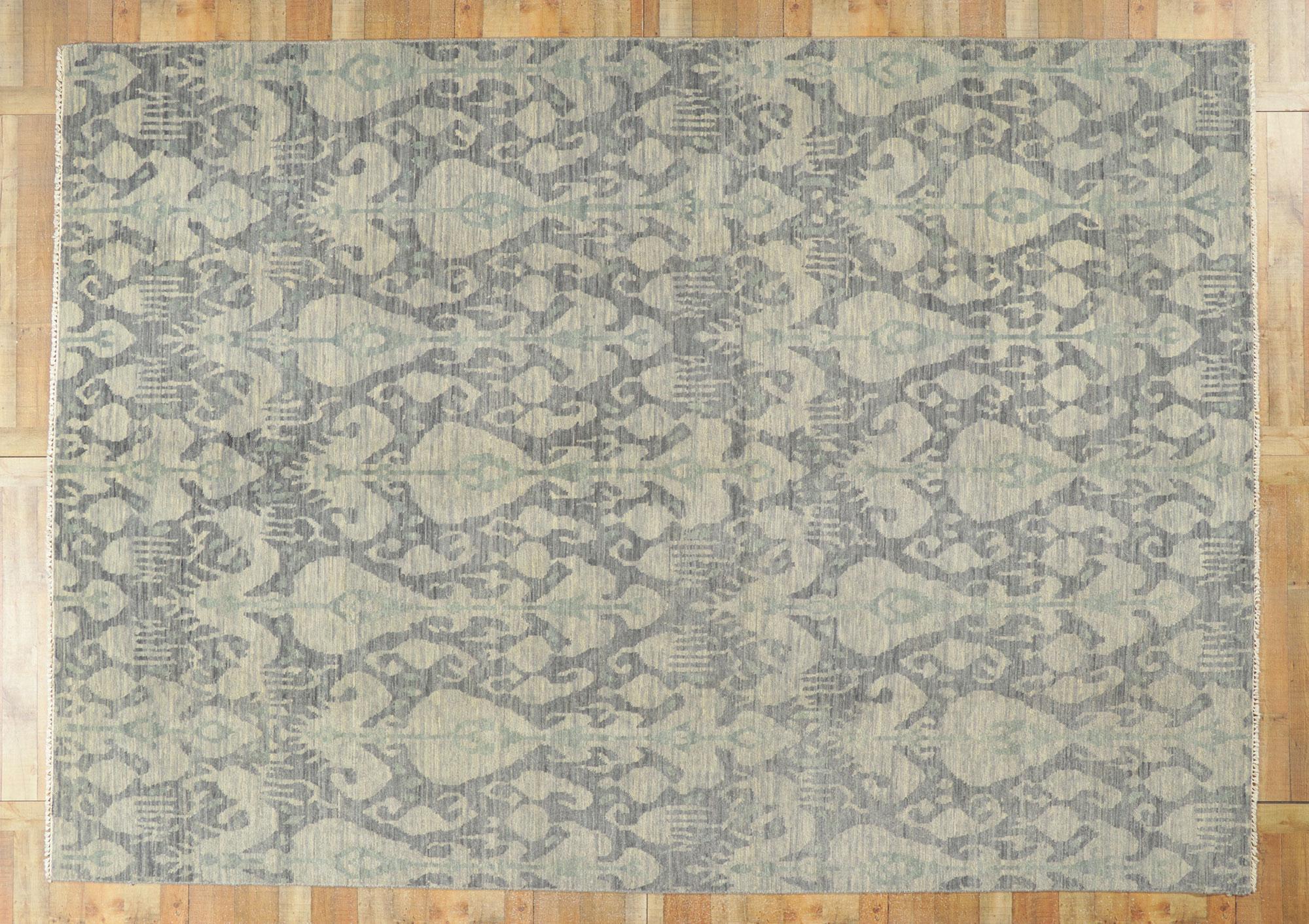 New Transitional Ikat Rug with Gray and Blue Earth-Tone Colors For Sale 1