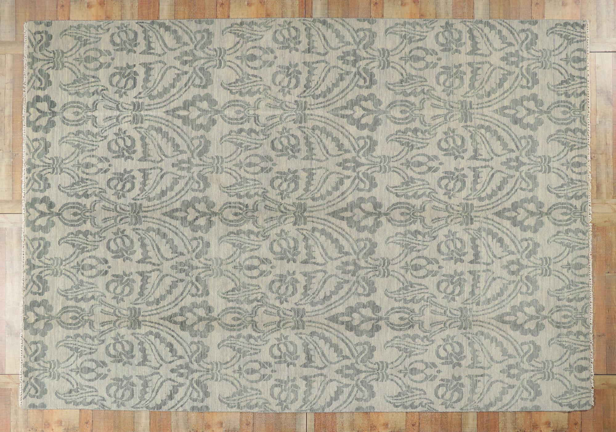 New Transitional Damask Ikat Rug with Blue and Gray Earth-Tone Colors For Sale 1