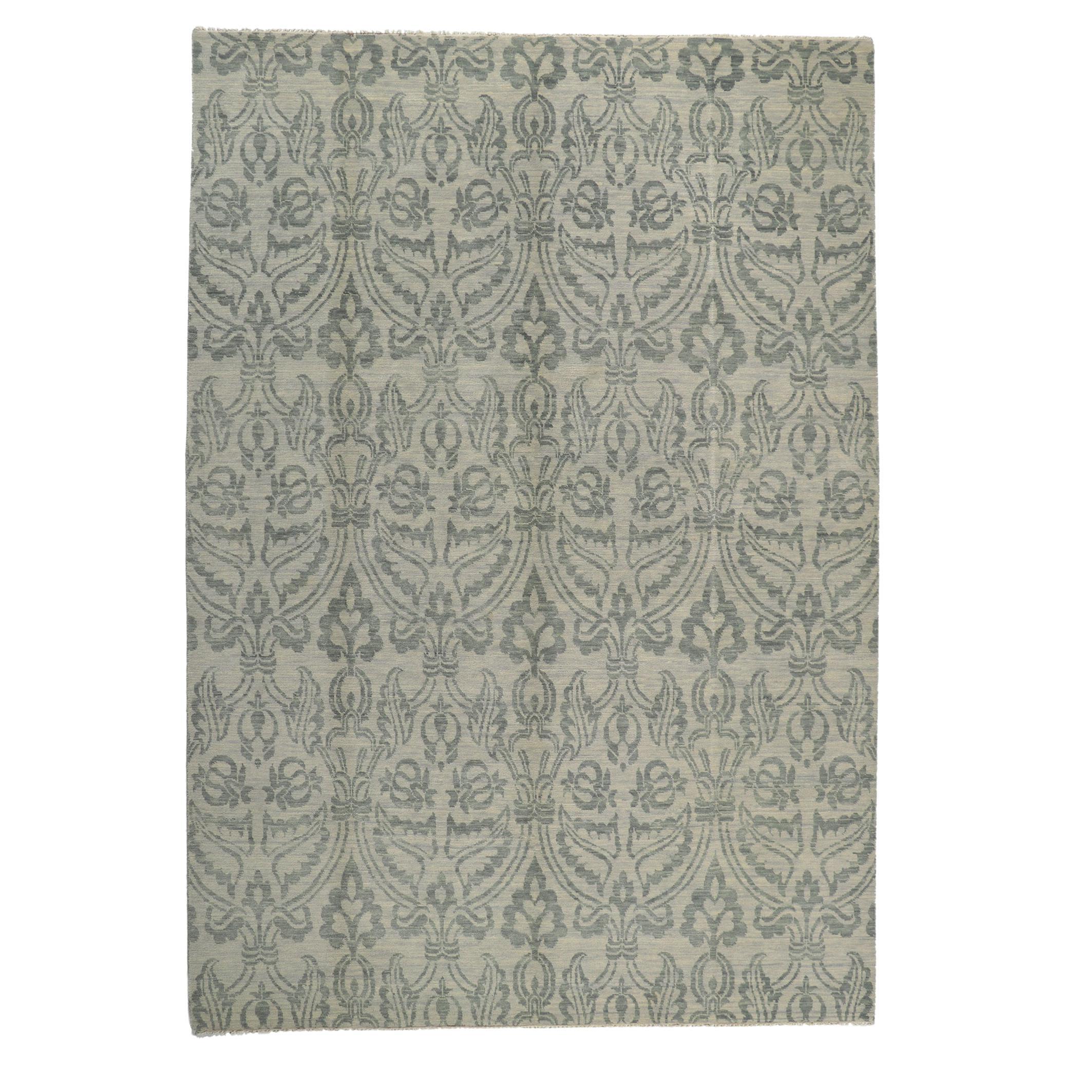 Ikat-Teppich aus Damast im Übergangsstil mit blauen und grauen Erdtönen