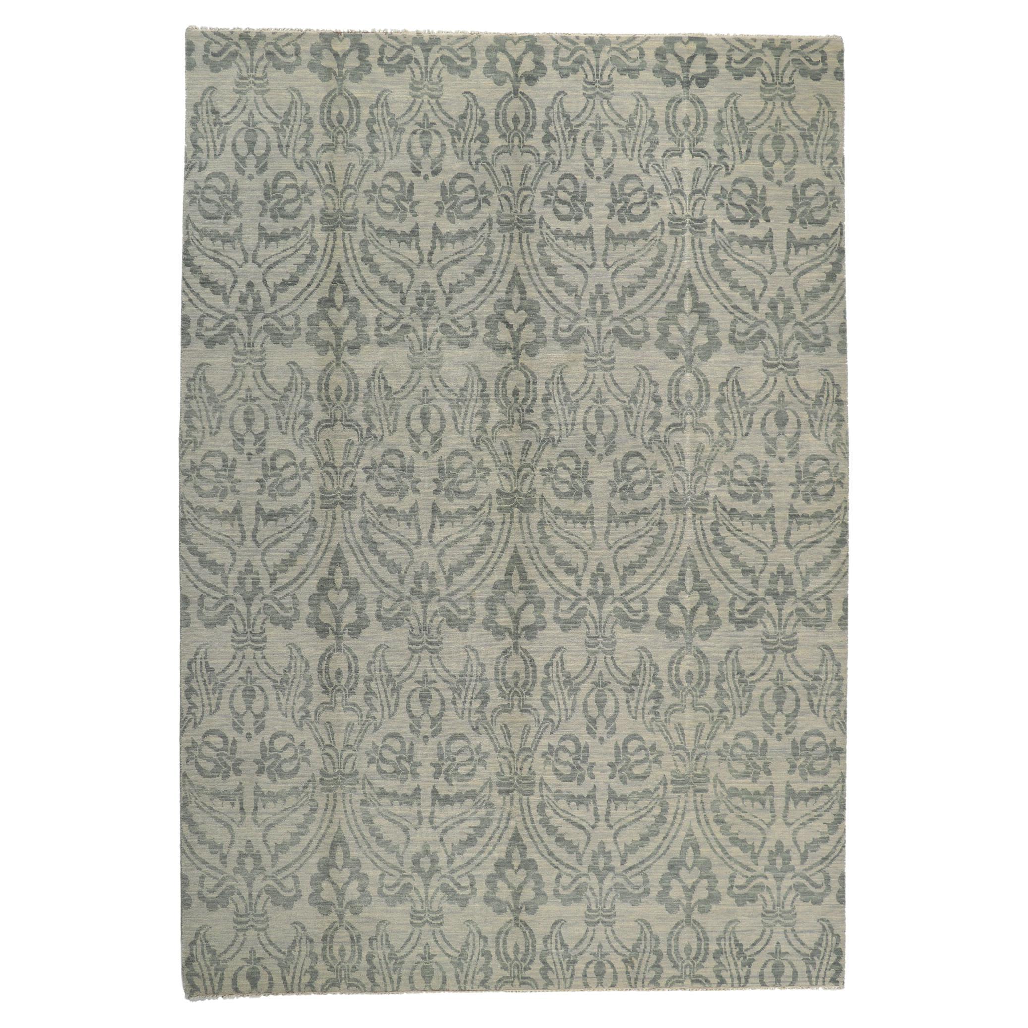 Nueva Alfombra Ikat Damasco de Transición con Colores Azules y Grises en Tonos Tierra