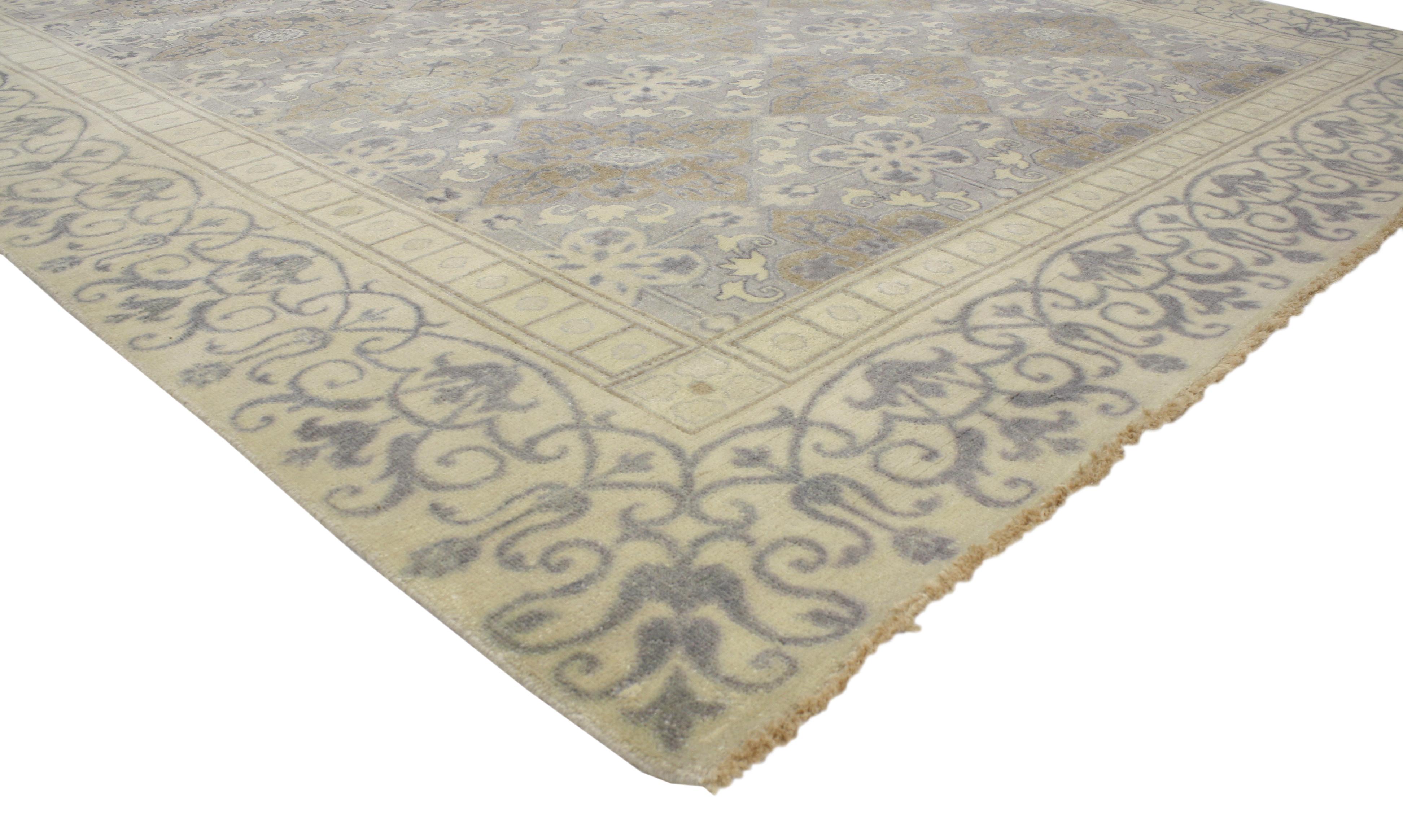 30341 New Transitional Area Rug with Khotan Pattern and Modernist Neoclassic Style 09'00 x 10'07. This hand-knotted wool Khotan design rug with traditional modern style features an all-over pattern of lobed diamond medallions alternating with
