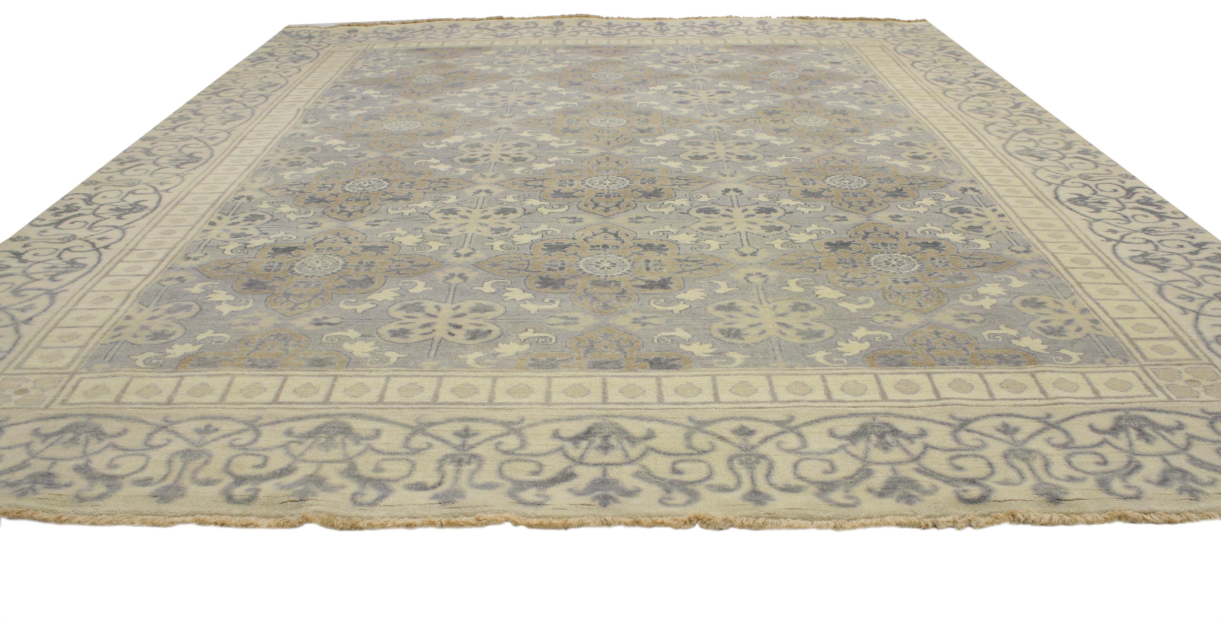 Indian New Transitional Area Rug with Khotan Pattern and Modernist Neoclassic Style For Sale