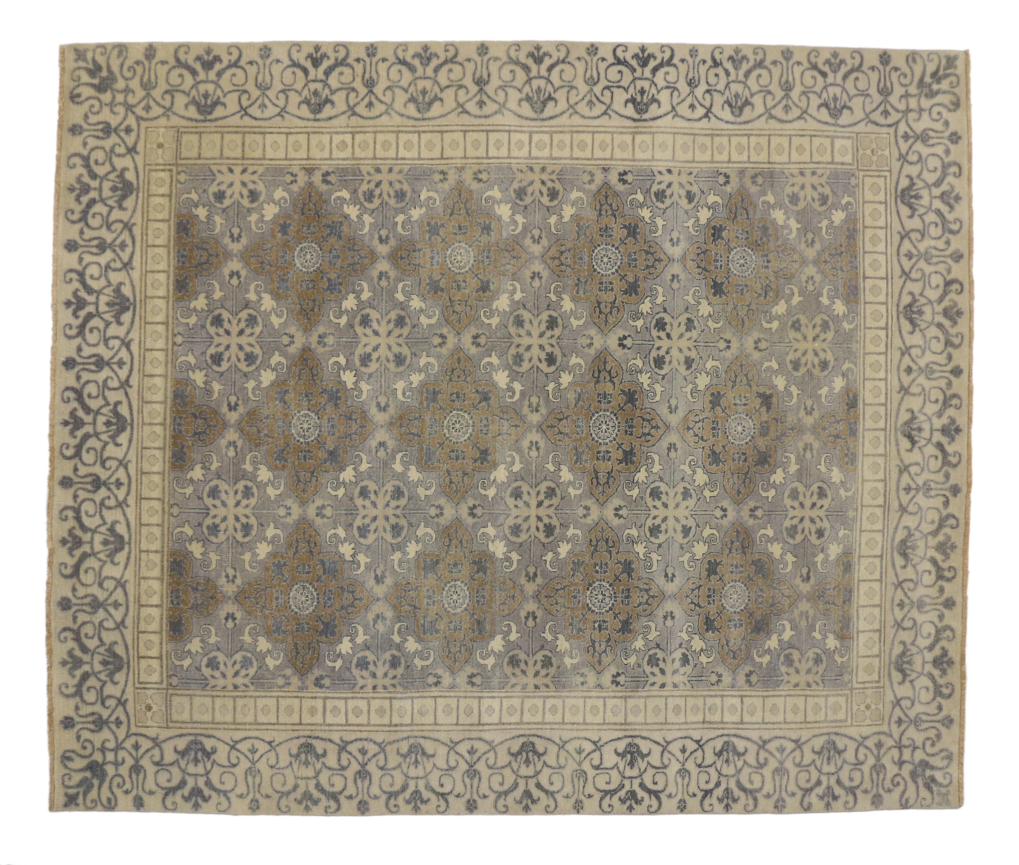 Hand-Knotted New Transitional Area Rug with Khotan Pattern and Modernist Neoclassic Style For Sale