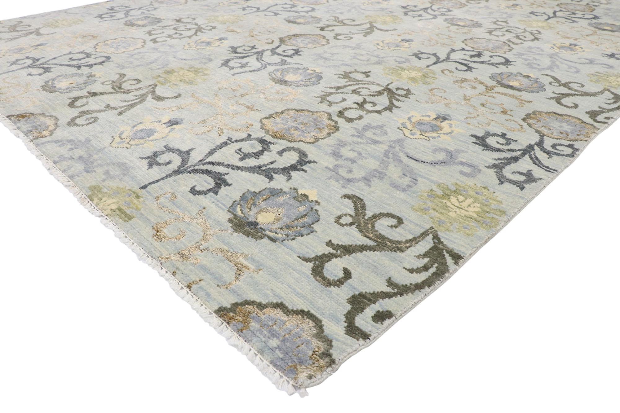 30266 New Transitional Floral Indian rug 09'00 X 11'10. Set off with stylish levels of complexity and its highly decorative aesthetic, this transitional gray area rug displays a modern floral design. This transitional floral area rug will create a