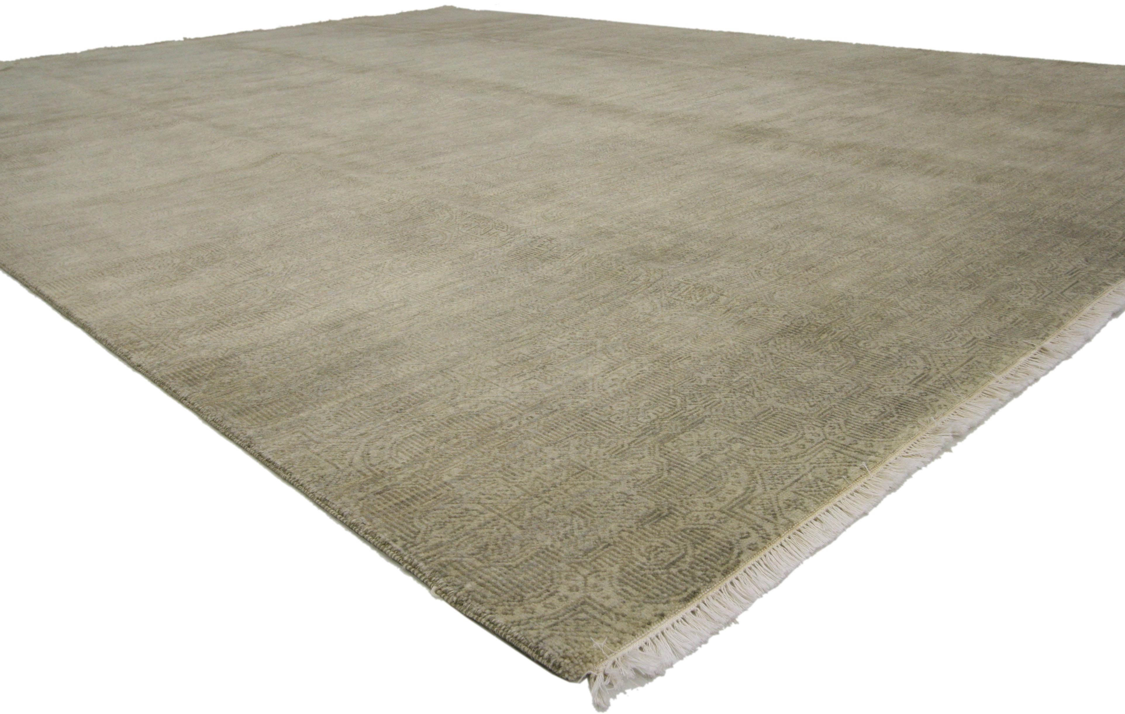 30017 New Transitional Indian Area Rug, 09'00 x 12'01. In the realm where modern sensibilities dance with echoes of antiquity, this hand-knotted wool transitional Indian rug emerges as a quiet testament to timeless beauty. Woven with delicate