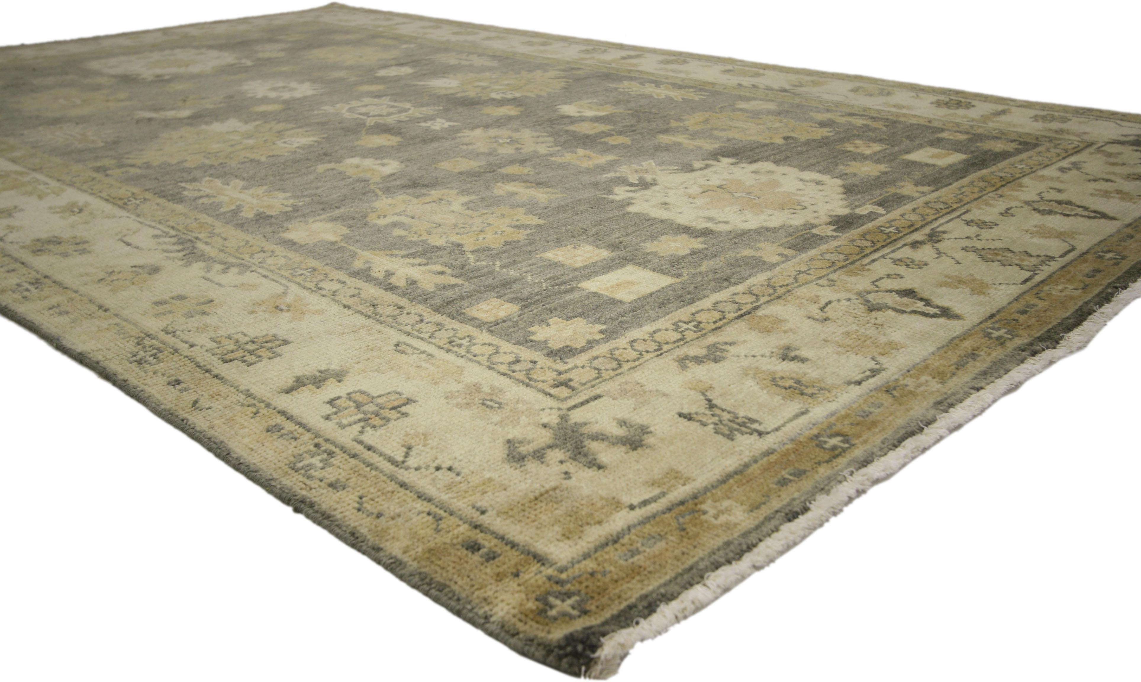 30190 New Transitional Area rug with Oushak Design with Luxe style. This hand knotted wool contemporary Indian rug showcases a Classic Oushak pattern of all-over botanical motifs. Large palmettes, open blossoms, vinery, star flowers, lanceolate