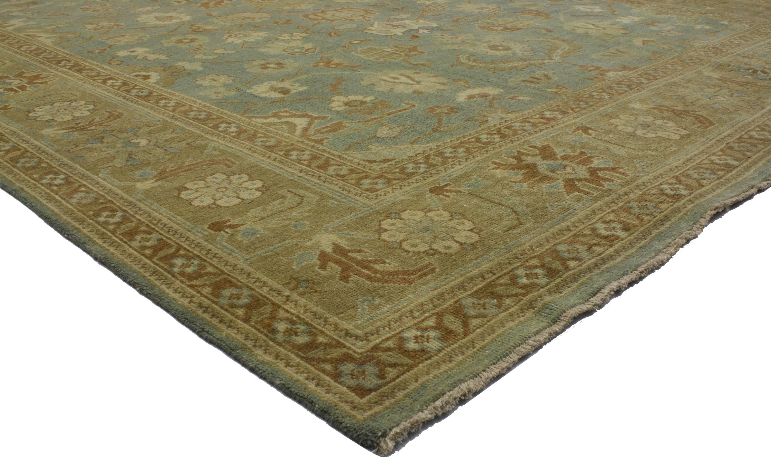 30186 New Transitional Area Rug with Oushak Pattern and Warm Colors 09'04 X 13'04. This hand knotted wool transitional area rug showcases a Classic Oushak pattern of all-over botanical motifs. Large palmettes, vines, open blossoms, lanceolate