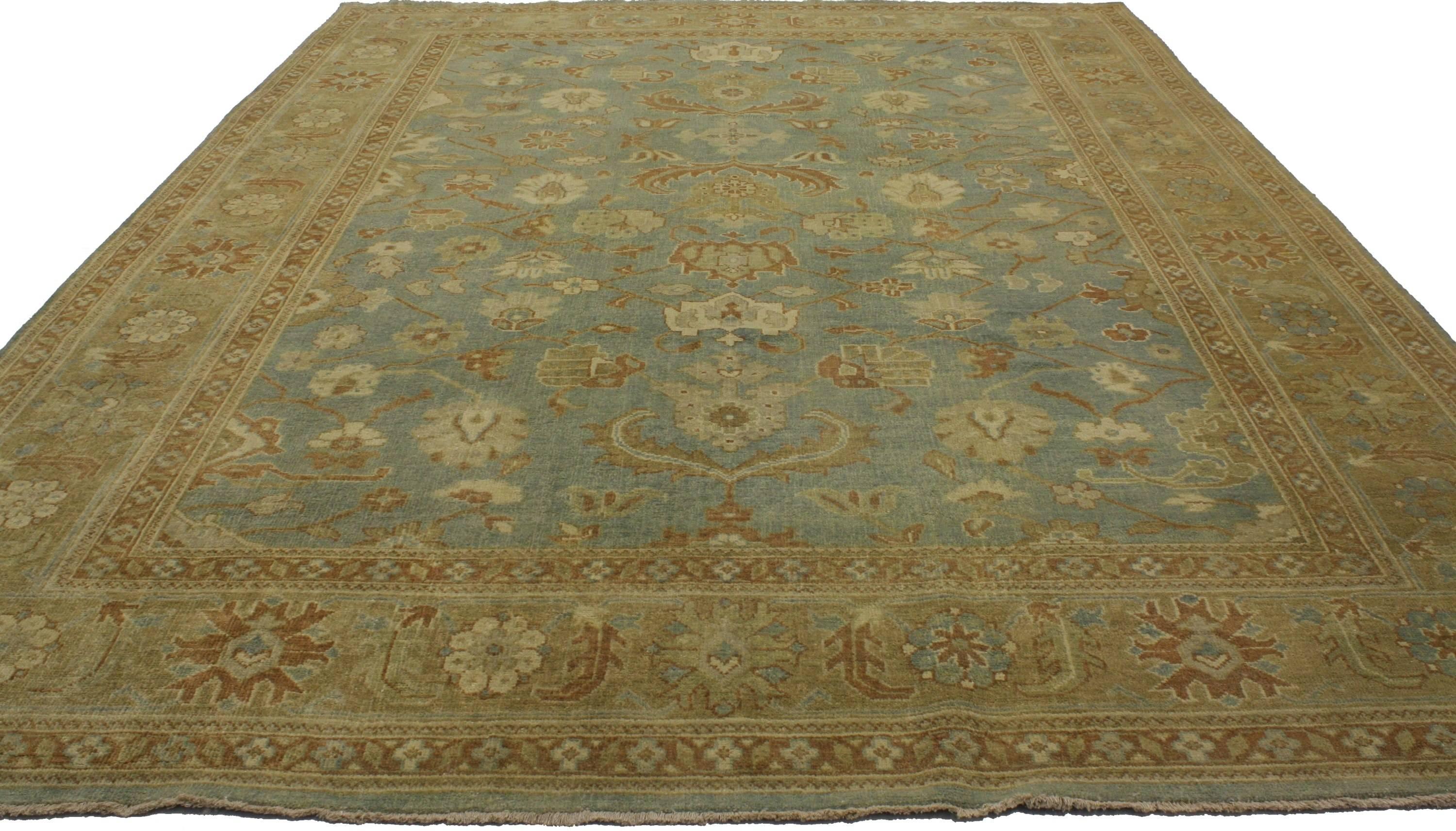 Indian New Transitional Area Rug with Oushak Pattern and Warm Colors For Sale