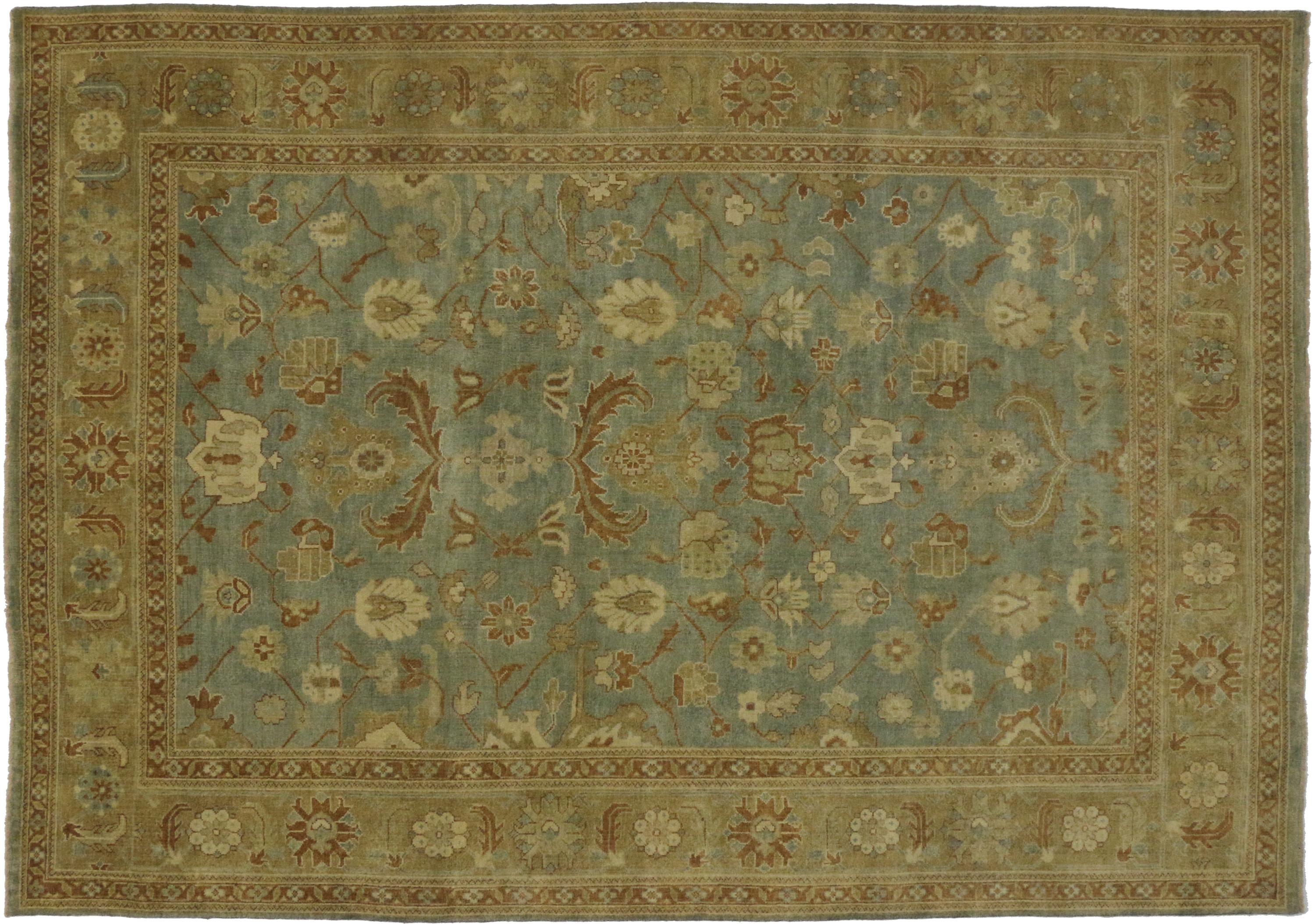 Hand-Knotted New Transitional Area Rug with Oushak Pattern and Warm Colors For Sale