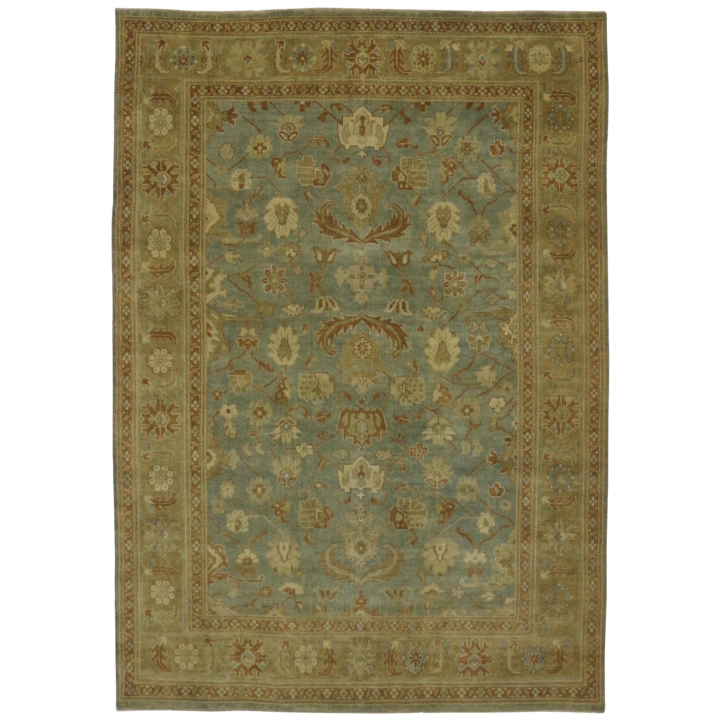 New Transitional Area Rug with Oushak Pattern and Warm Colors For Sale