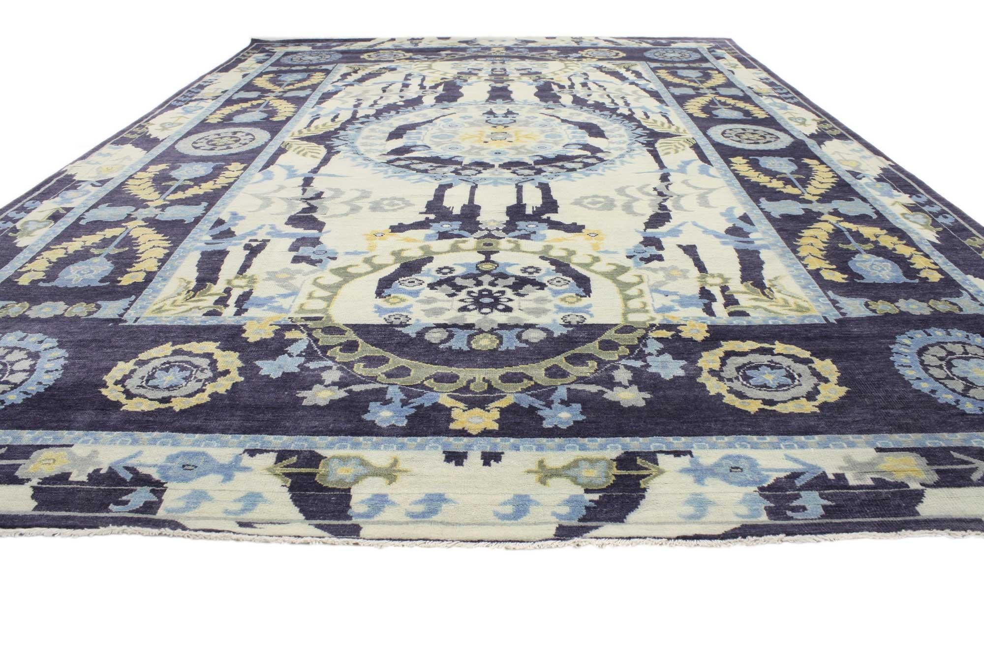Hand-Knotted New Transitional Area Rug with Suzani Design For Sale