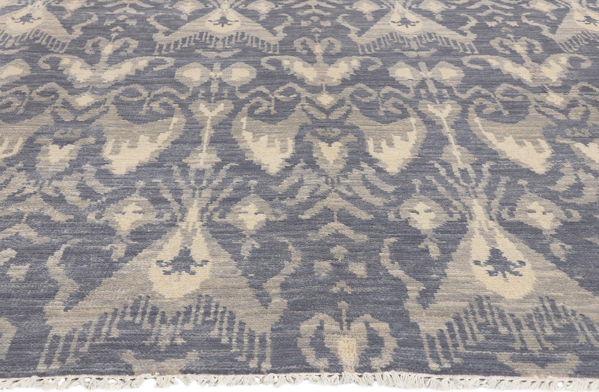 Hand-Knotted Transitional Ikat Area Rug, Global Chic Meets Modern Boho For Sale