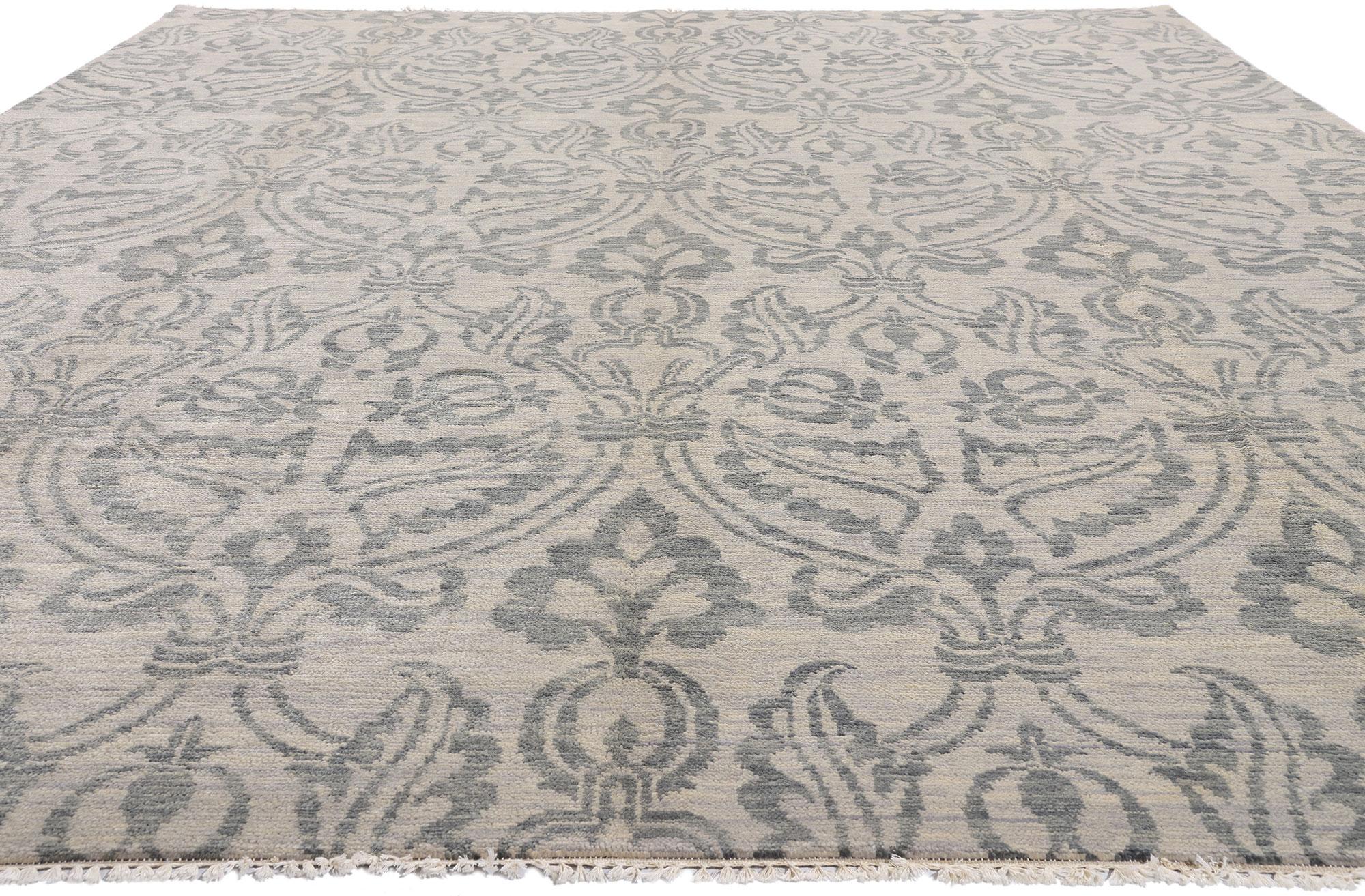 Indian New Transitional Blue Gray Damask Ikat Rug with Modern Style For Sale