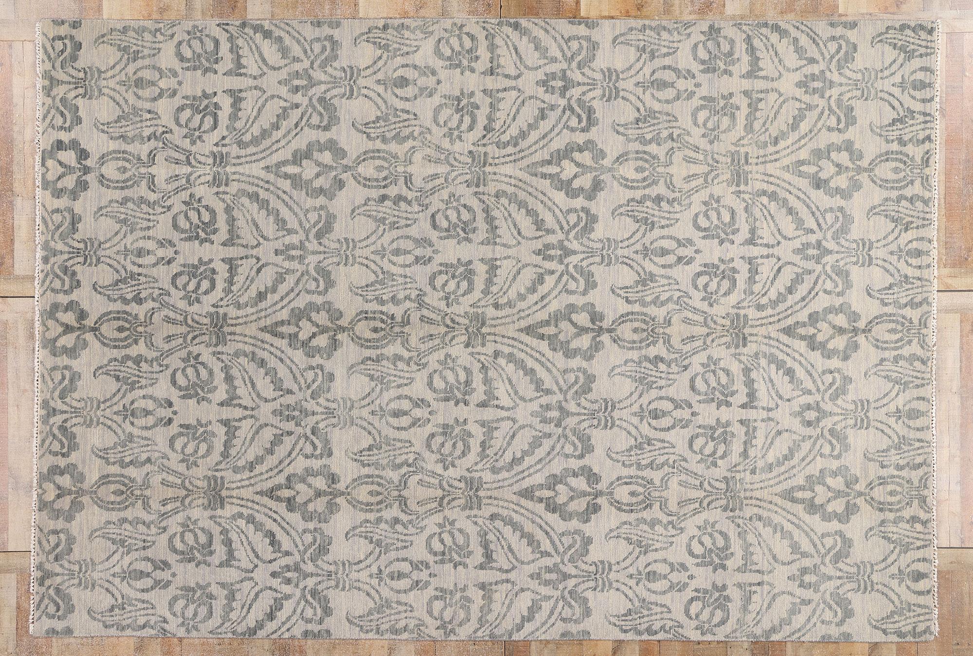 New Transitional Blue Gray Damask Ikat Rug with Modern Style For Sale 3