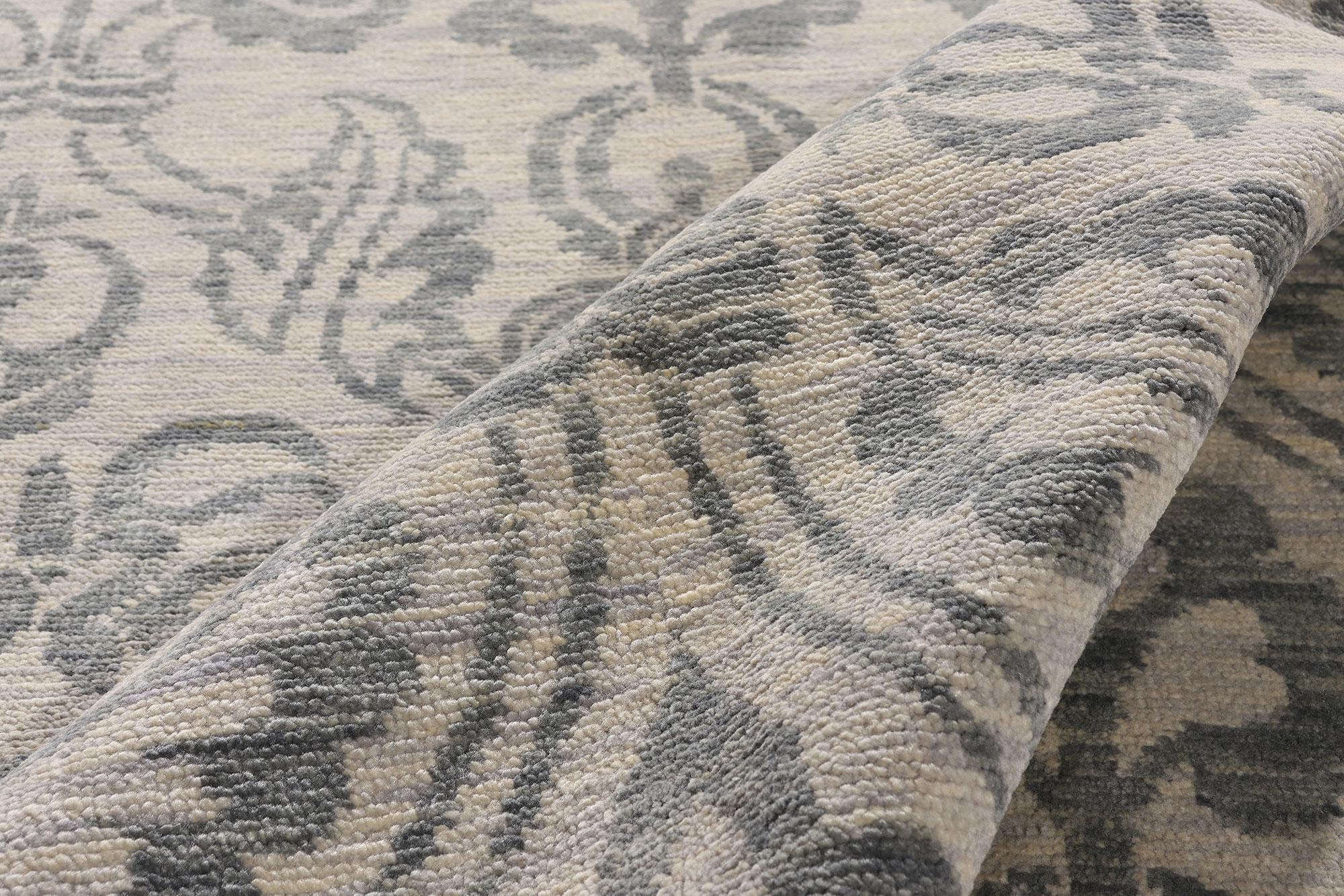 Contemporary New Transitional Blue Gray Damask Ikat Rug with Modern Style For Sale