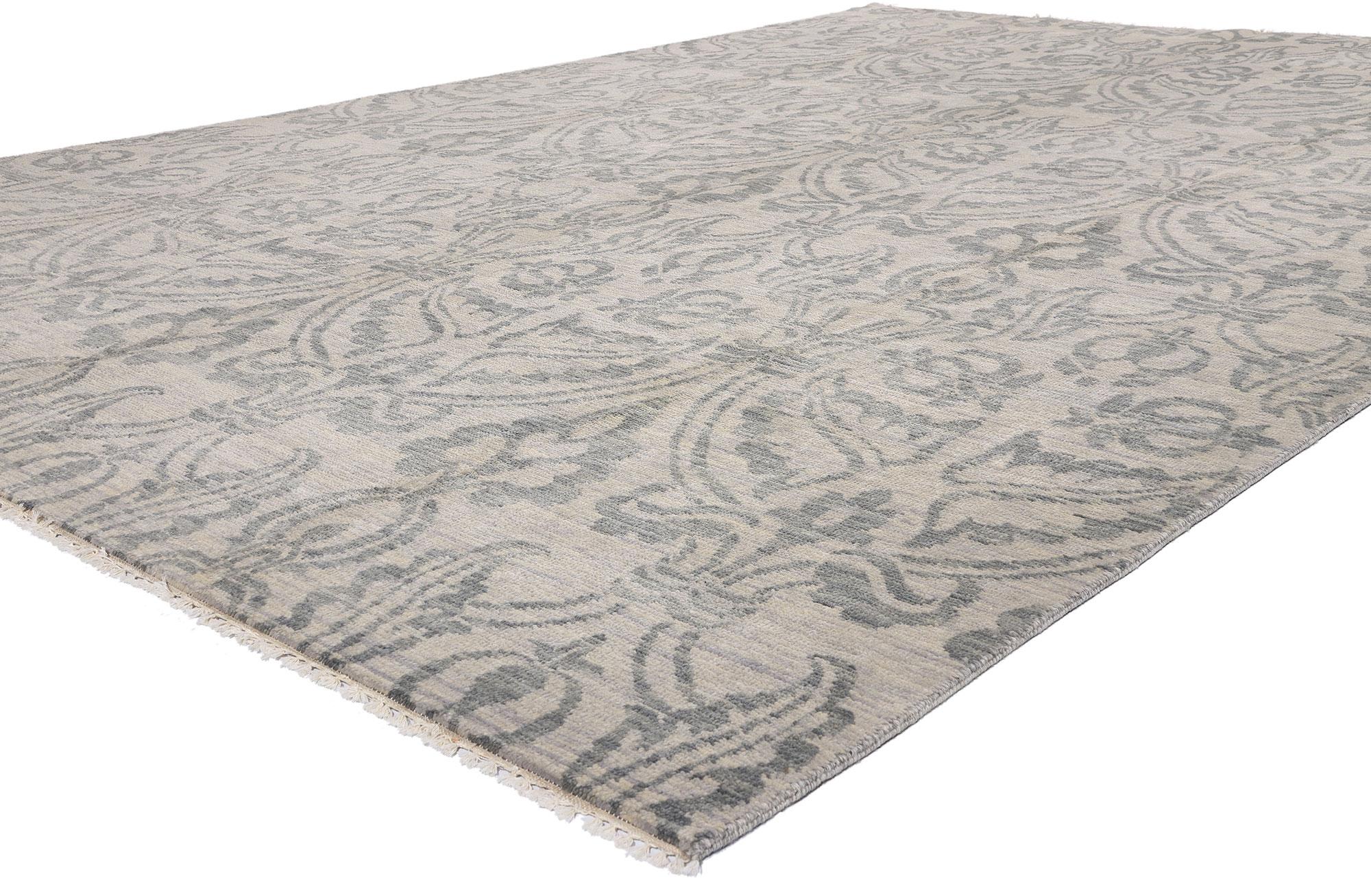 30265 New Transitional Damask Ikat Rug, 09'09 x 14'00. A masterstroke of refined taste and time-honored craftsmanship, this hand-knotted wool transitional rug from India is a poetic revival of the grand damask tradition reimagined through the softly