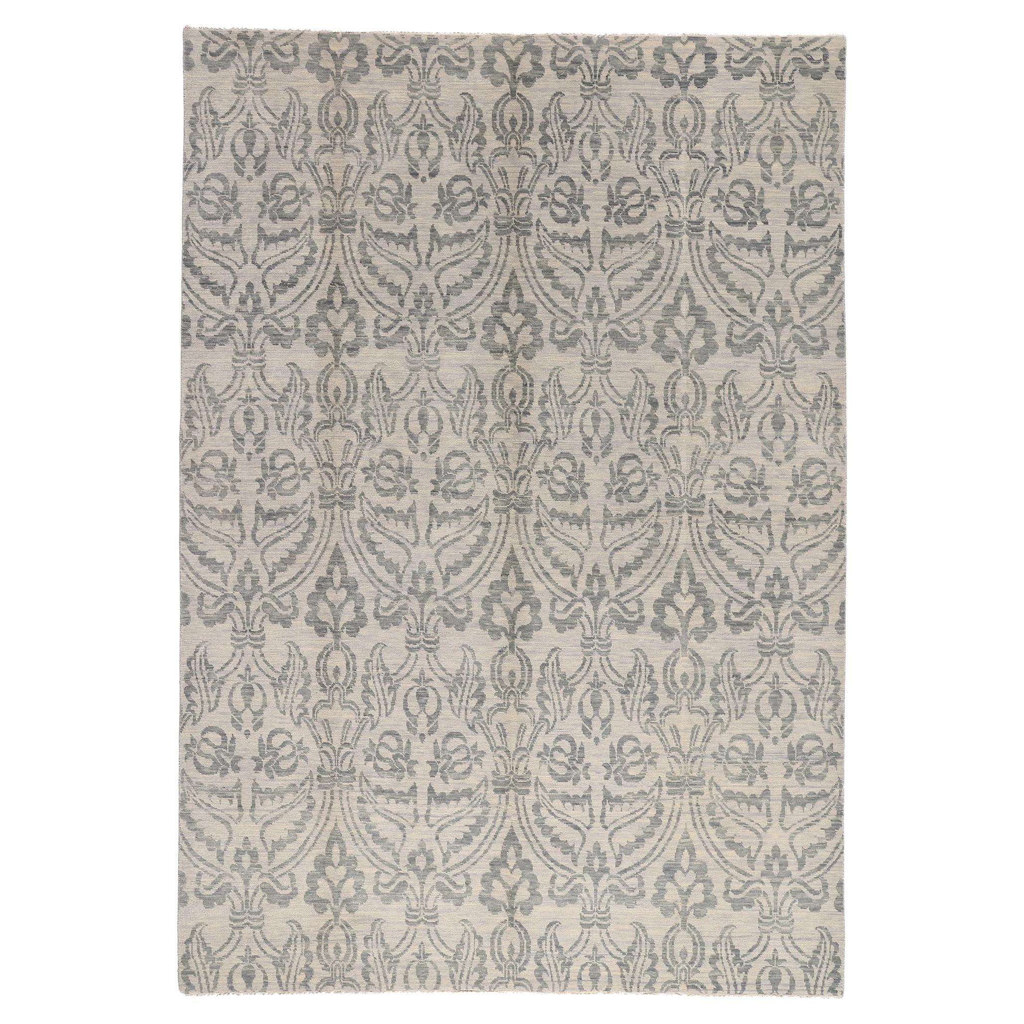 New Transitional Blue Gray Damask Ikat Rug with Modern Style