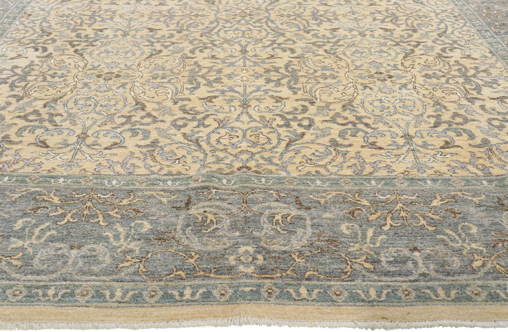Pakistani New Transitional Damask Scroll Rug with Soft Earth-Tone Colors For Sale