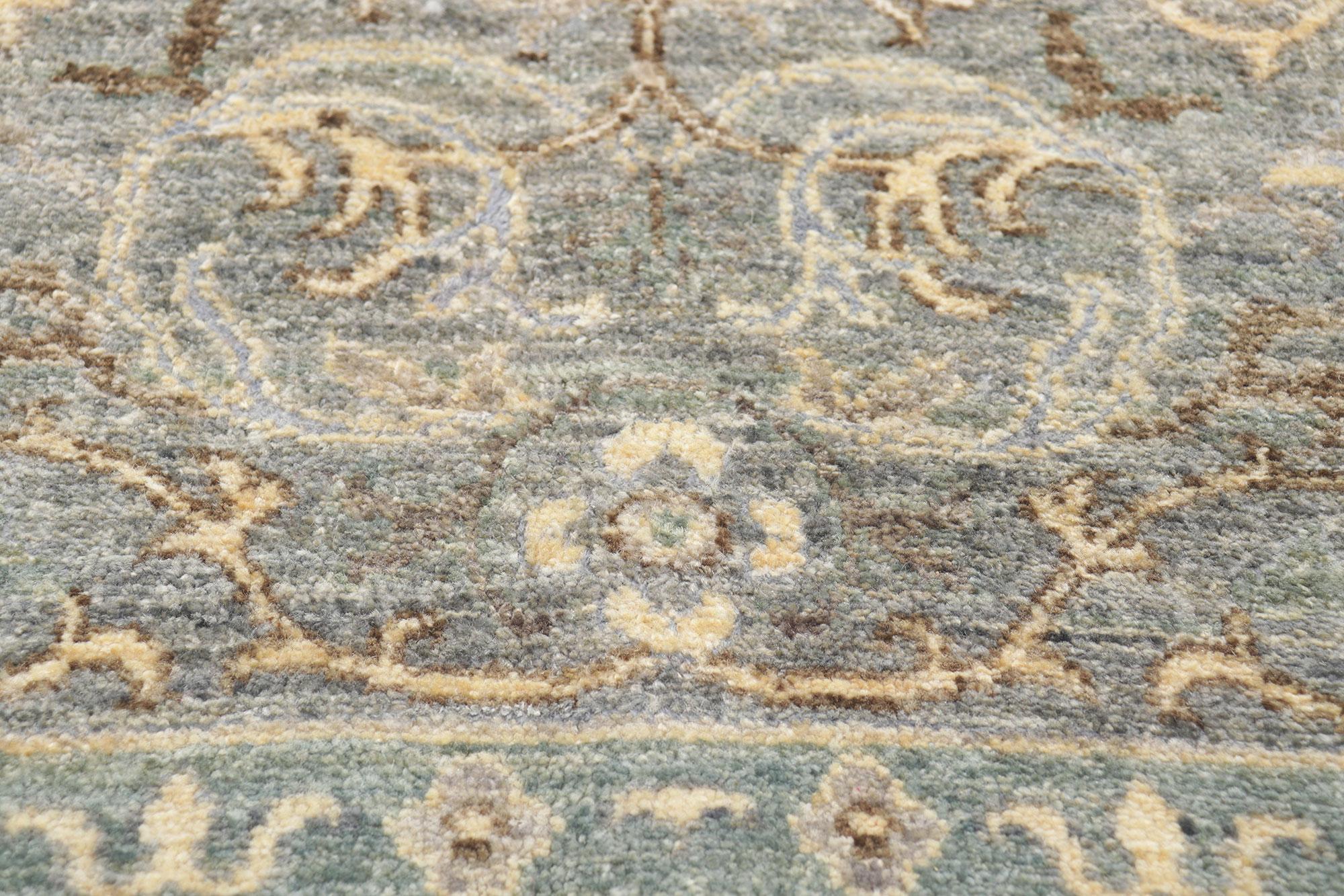 Hand-Knotted New Transitional Damask Scroll Rug with Soft Earth-Tone Colors For Sale