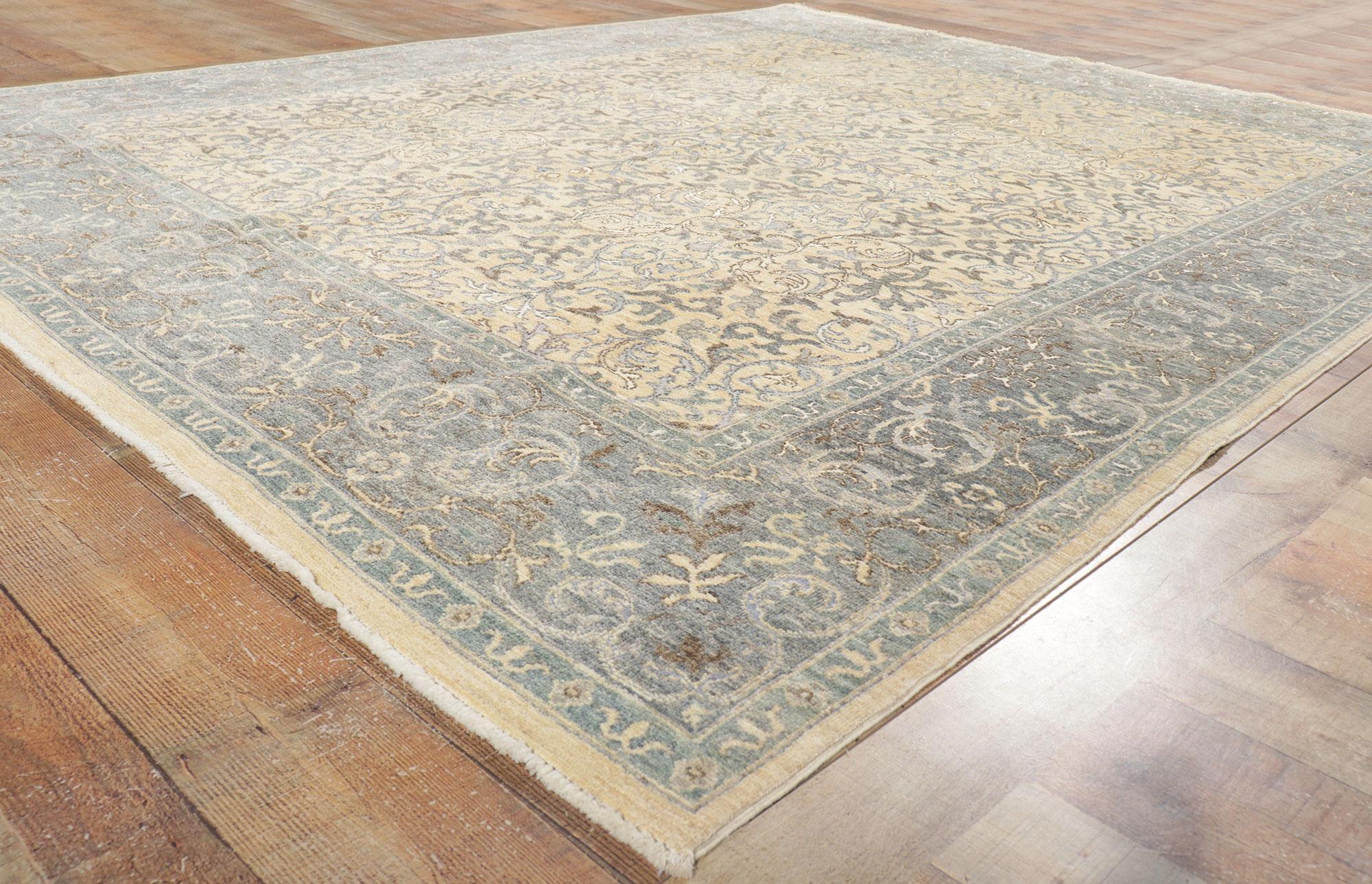 Contemporary New Transitional Damask Scroll Rug with Soft Earth-Tone Colors For Sale