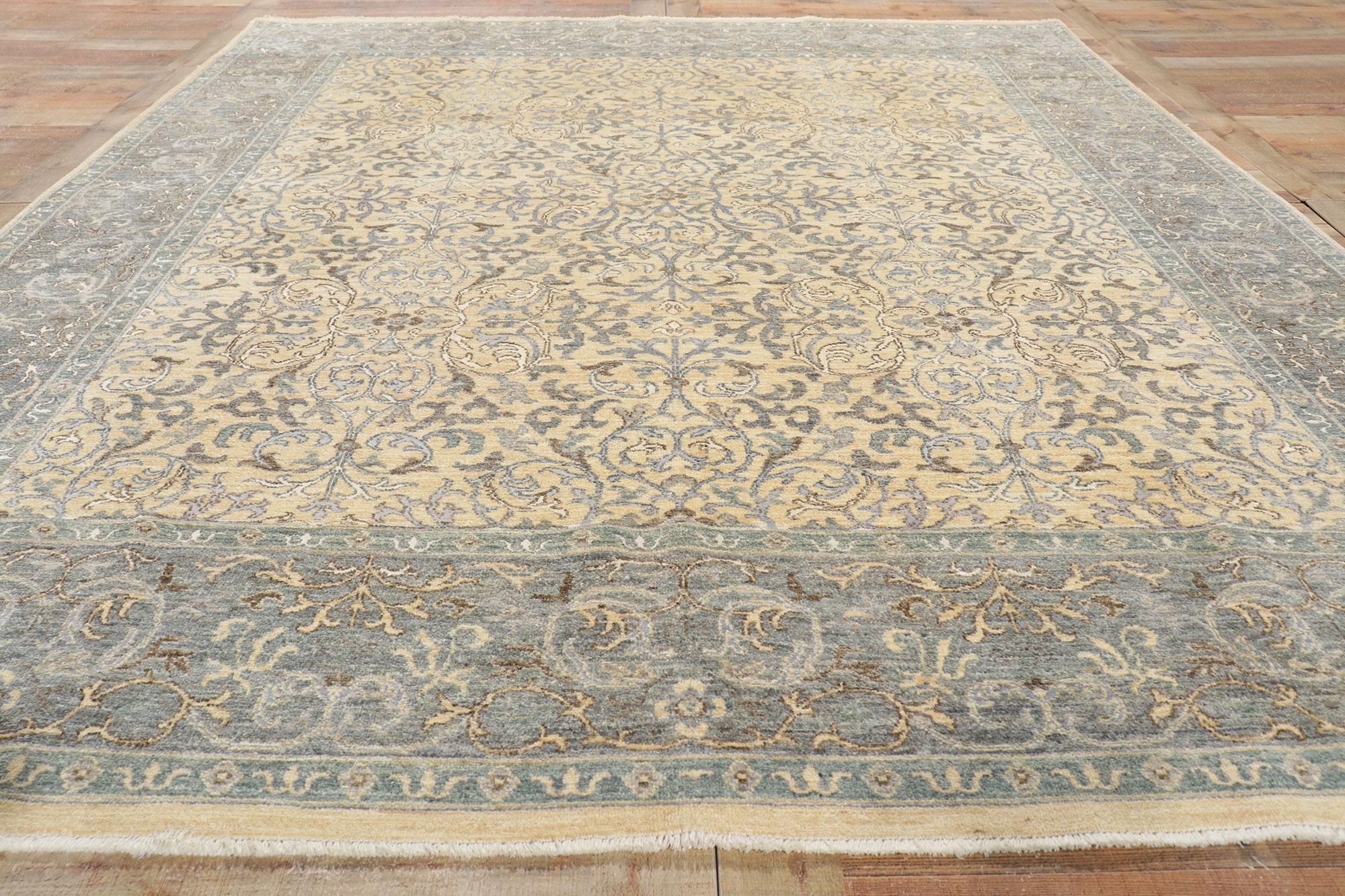 Wool New Transitional Damask Scroll Rug with Soft Earth-Tone Colors For Sale