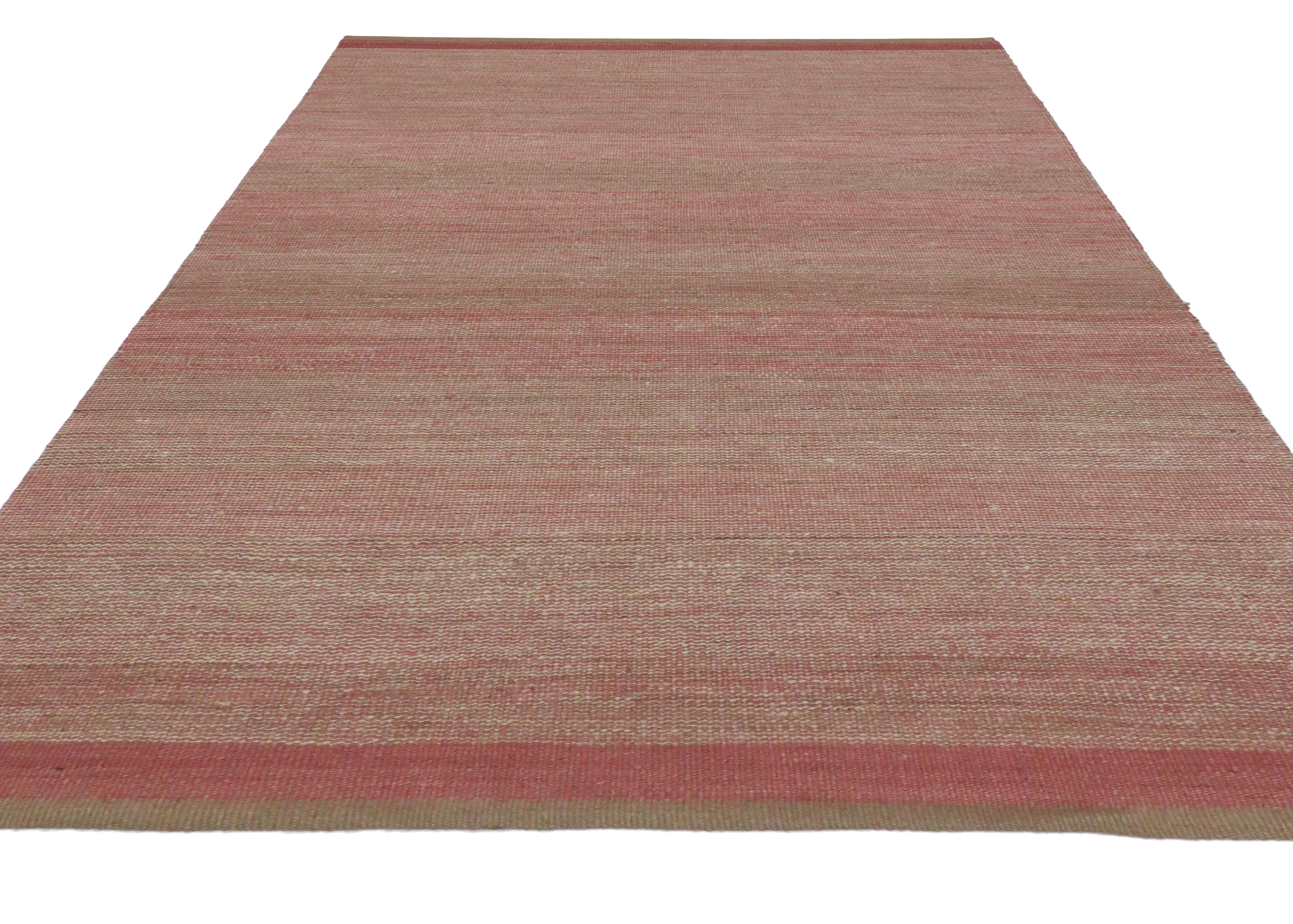 30121 New Transitional Dhurrie Pink Kilim rug with Romantic Coastal Cottage style. This handwoven wool Dhurrie rug features subtle gradations or rose, pink, ecru, and beige fading and running into one another in a soothing display. With its