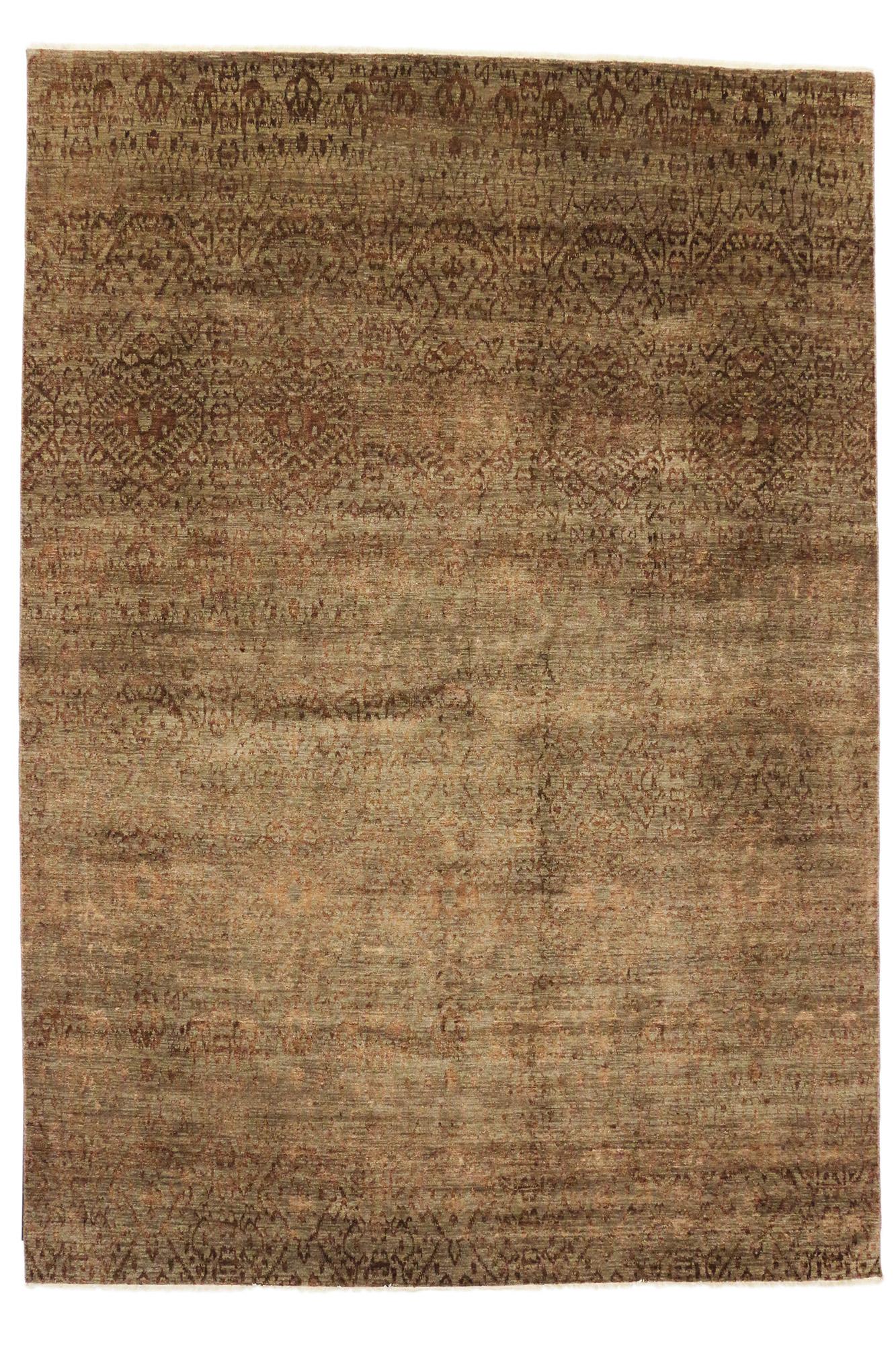 Contemporary Transitional Ikat Area Rug, Earth-Tone Elegance Meets Modern Global Chic For Sale