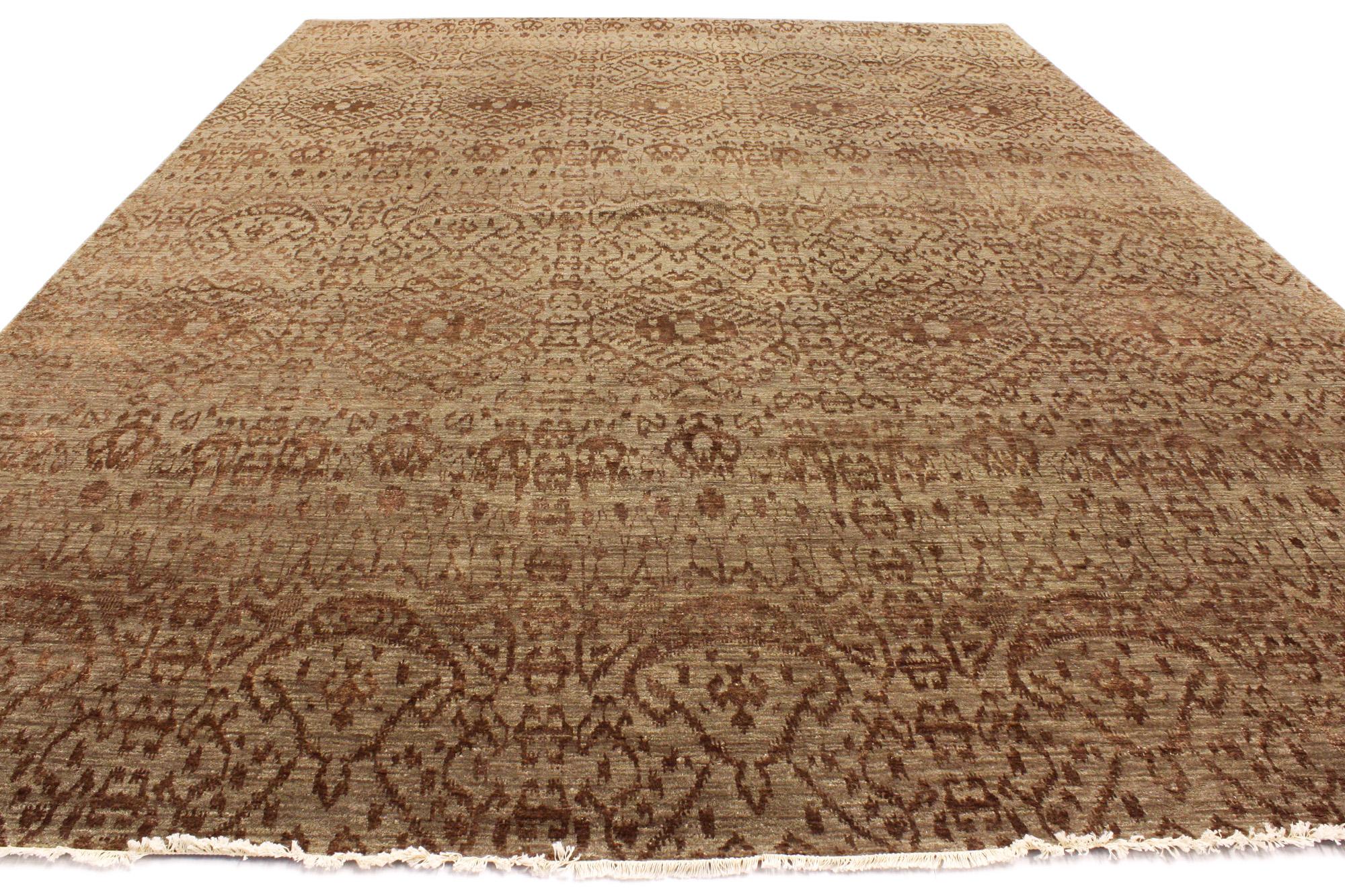 Indian Transitional Ikat Area Rug, Earth-Tone Elegance Meets Modern Global Chic For Sale