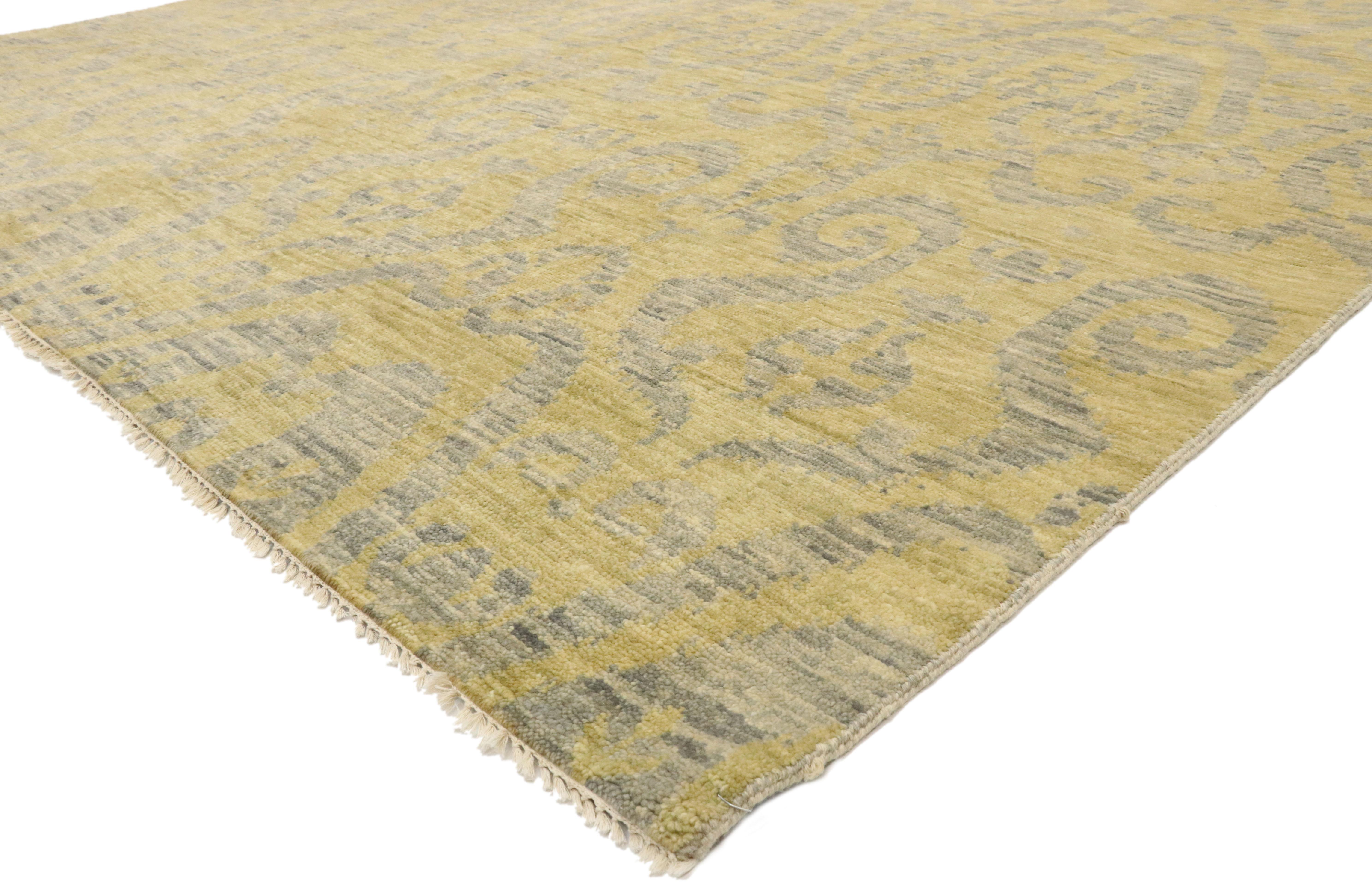 30084 new transitional Ikat Area rug with modern design, contemporary Neutral Area rug. Warm and inviting, this hand knotted wool transitional ikat area rug beautifully embodies a modern contemporary style in neutral colors. The exquisite all-over