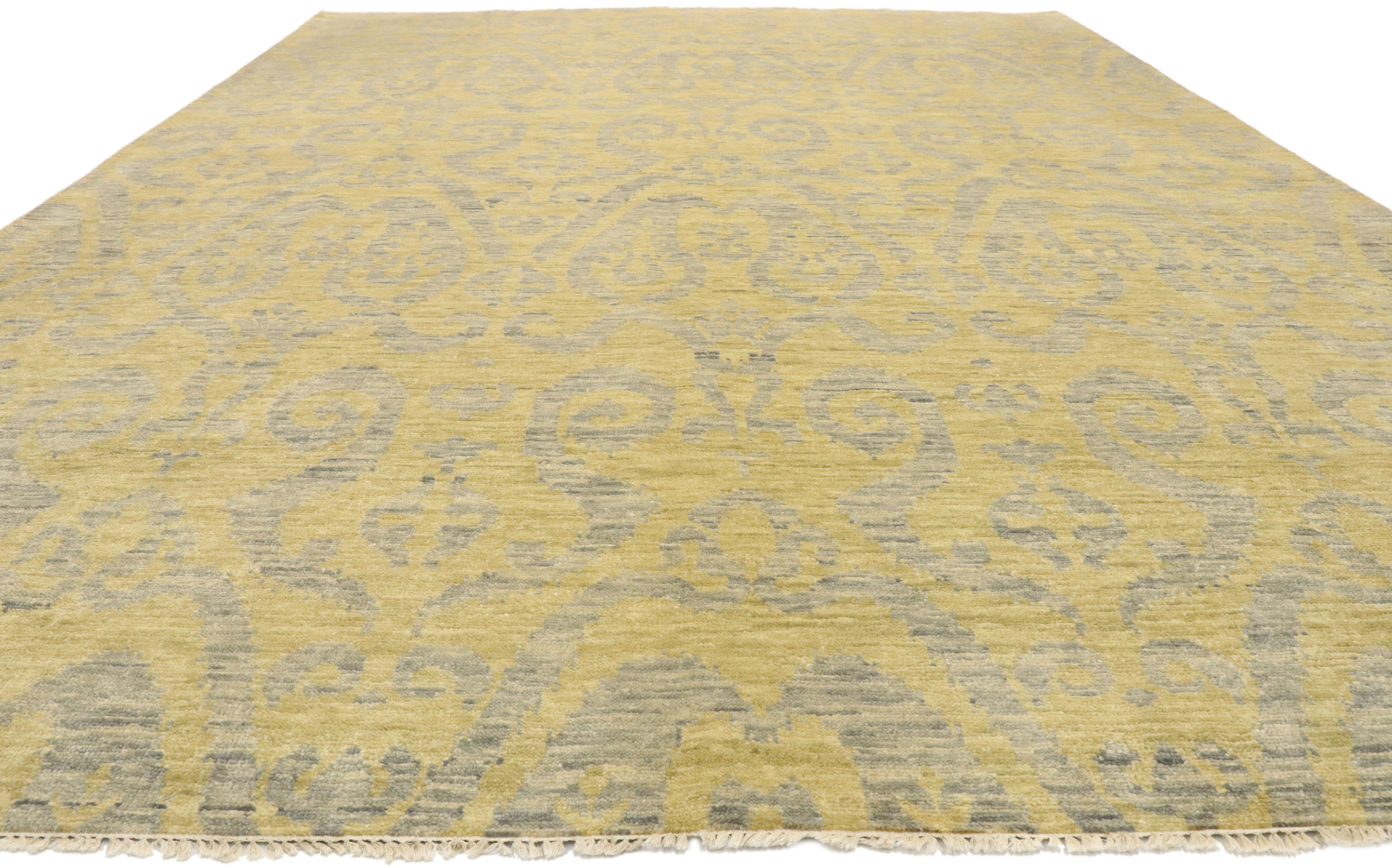Indian New Transitional Ikat Area Rug with Modern Design, Contemporary Neutral Area Rug