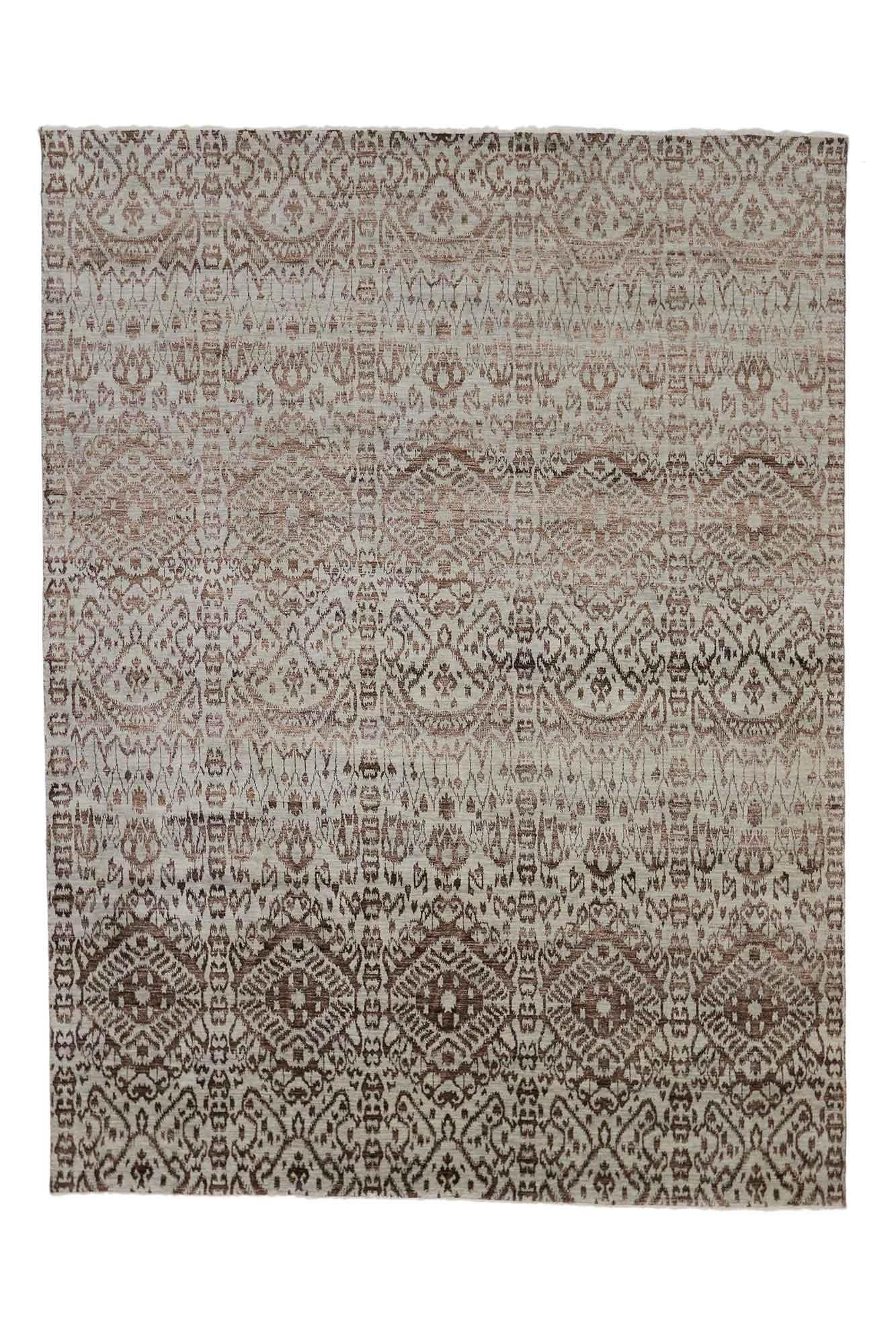 Indian New Wool and Silk Ikat Rug with Transitional Style and Earth-Tone Color Palette For Sale
