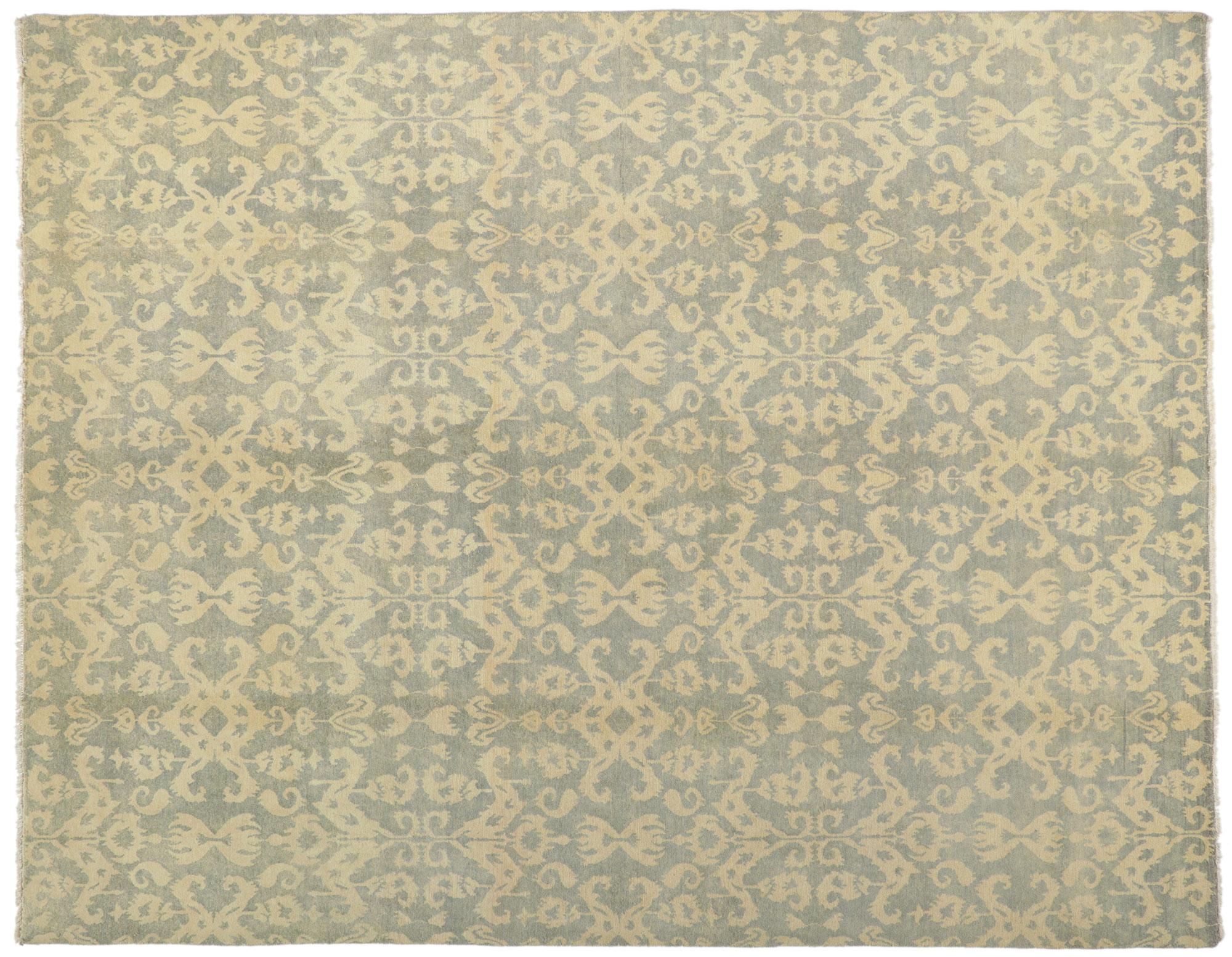 New Transitional Ikat Area Rug with Soft Earth-Tone Colors For Sale 2