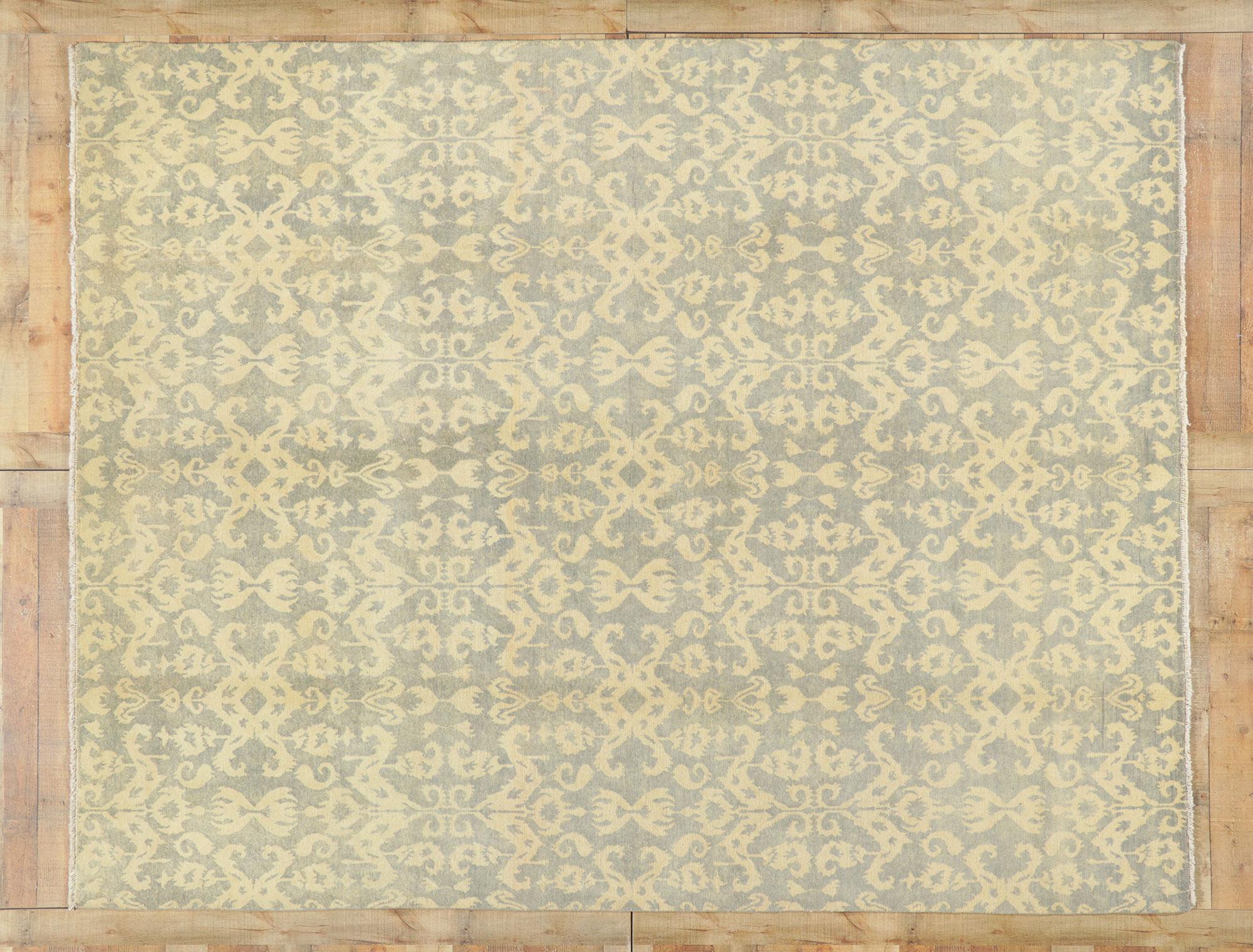 New Transitional Ikat Area Rug with Soft Earth-Tone Colors For Sale 1
