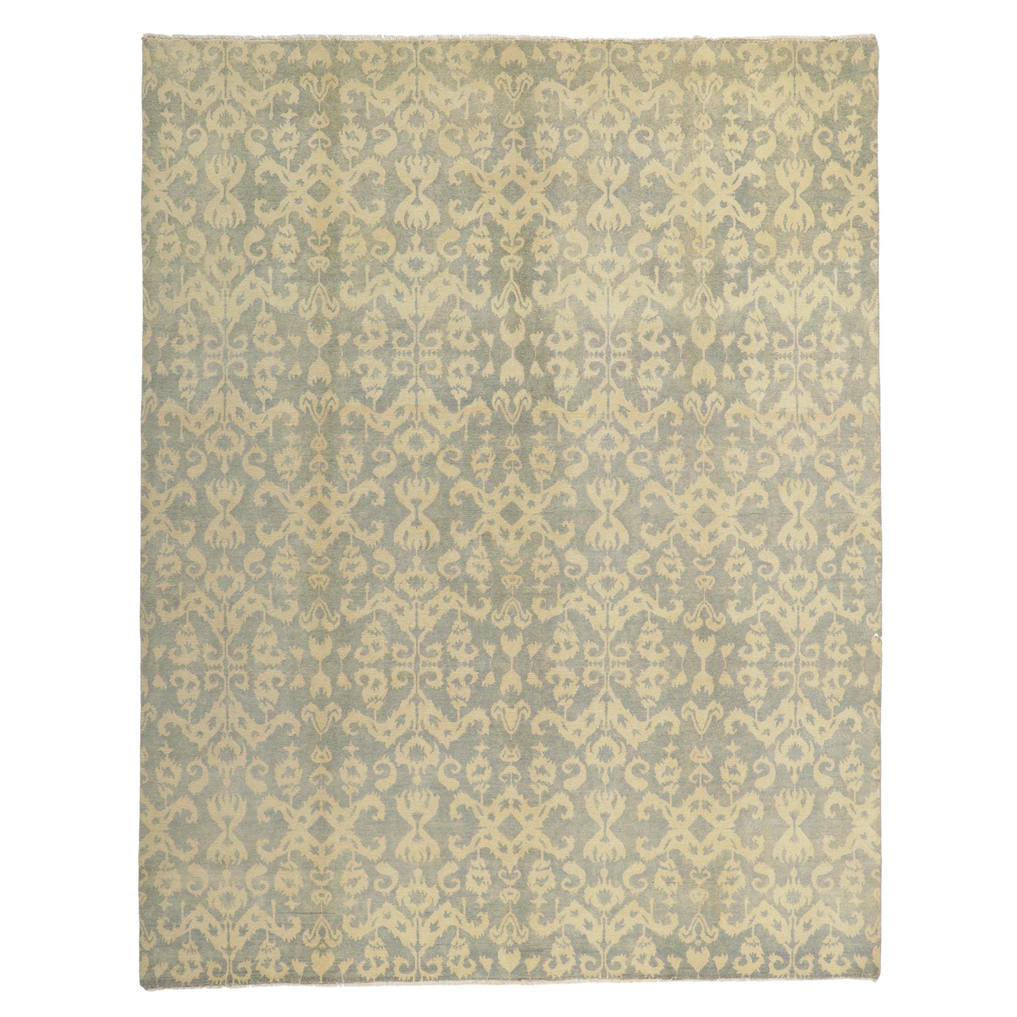 New Transitional Ikat Area Rug with Soft Earth-Tone Colors For Sale