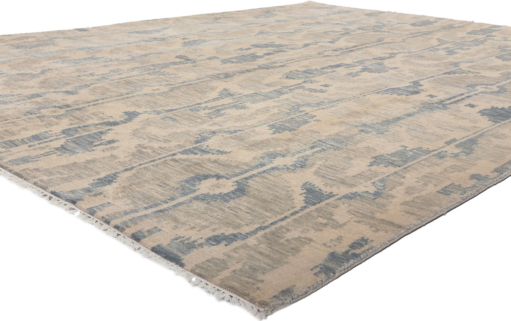30271 Transitional Ikat-Teppich, 07'10 x 10'00. 
Zeitloser Stil trifft auf globalen Chic in diesem handgeknüpften Wollteppich im Übergangsbereich. Das dekorative Ikat-Muster und die sanften Erdtöne, die in dieses Stück eingewebt sind, sorgen für