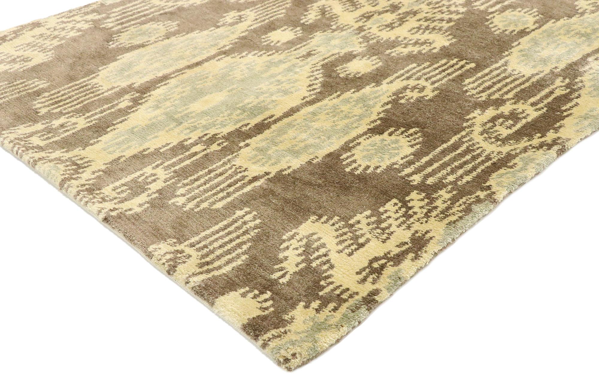 30238, new Transitional Ikat rug with warm, Earth-Tones and Modern style, accent rug. Balancing a timeless design with warm earth-tone colors, this hand knotted wool transitional Ikat rug beautifully embodies a modern style with well-balanced