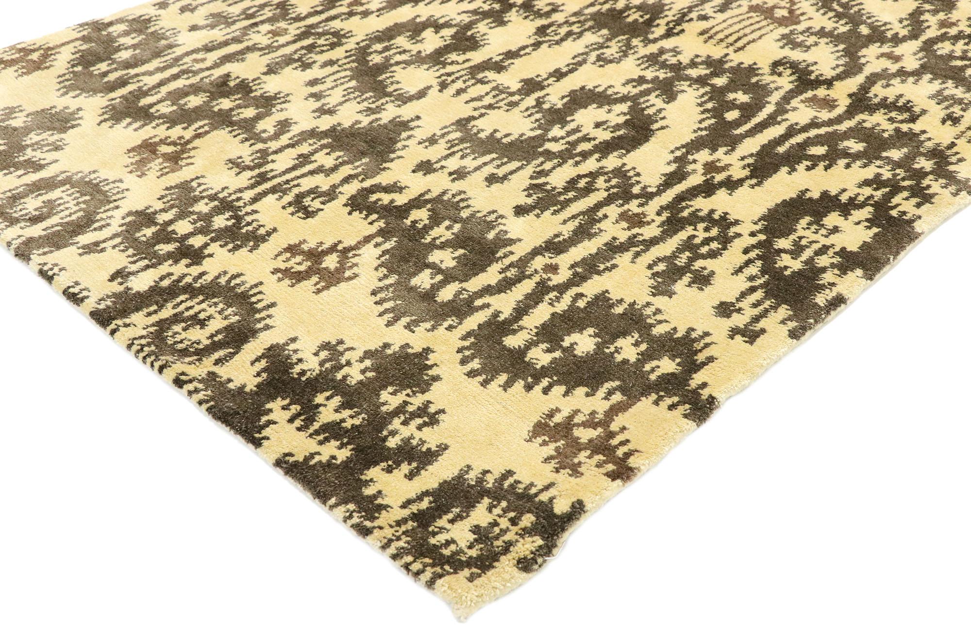 30239, new transitional Ikat rug with warm, earth-tones and modern style, accent rug. Balancing a timeless design and neutral colors, this hand-knotted wool transitional Ikat rug beautifully displays modern style. The tan abrashed field is covered