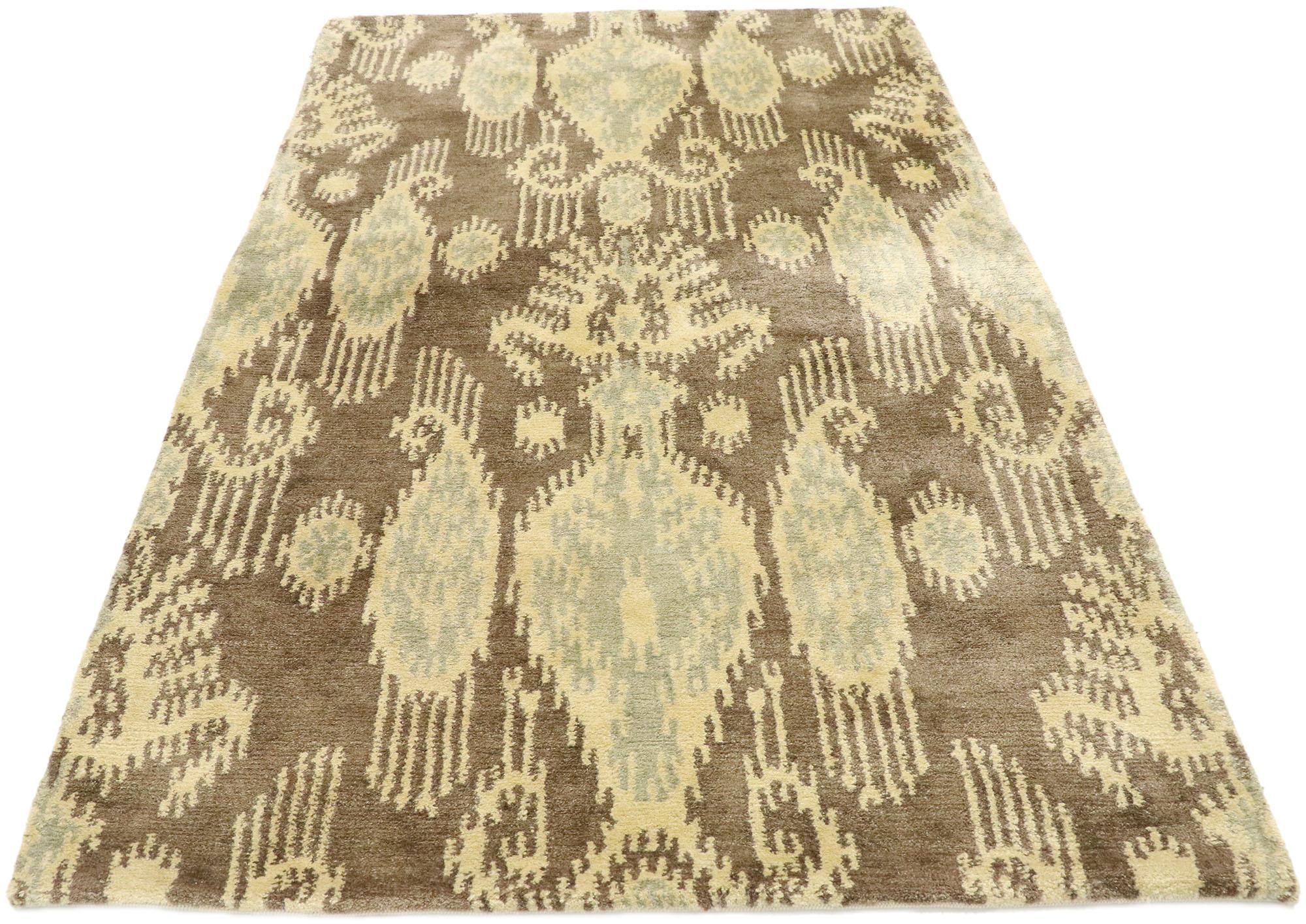 Indian New Transitional Ikat Rug with Warm, Earth-Tones and Modern Style, Accent Rug For Sale