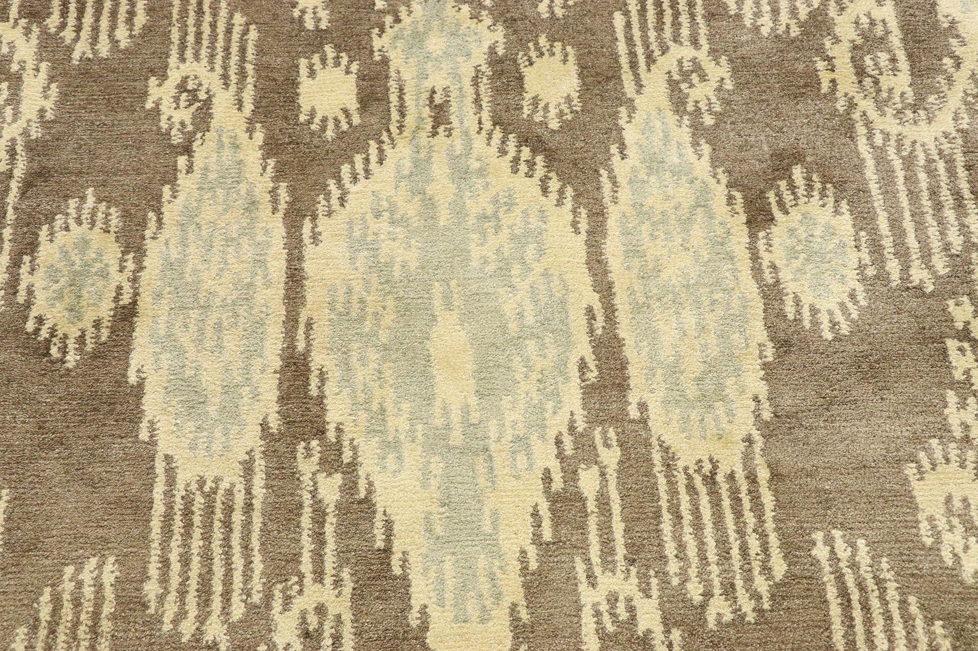 Hand-Knotted New Transitional Ikat Rug with Warm, Earth-Tones and Modern Style, Accent Rug For Sale