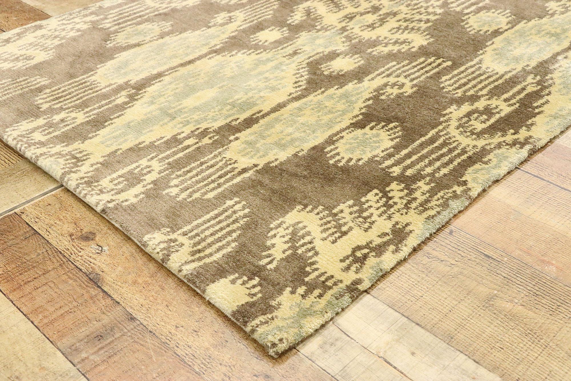 Contemporary New Transitional Ikat Rug with Warm, Earth-Tones and Modern Style, Accent Rug For Sale