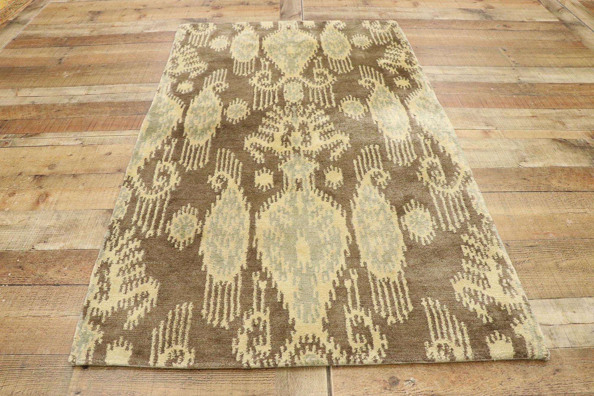Wool New Transitional Ikat Rug with Warm, Earth-Tones and Modern Style, Accent Rug For Sale