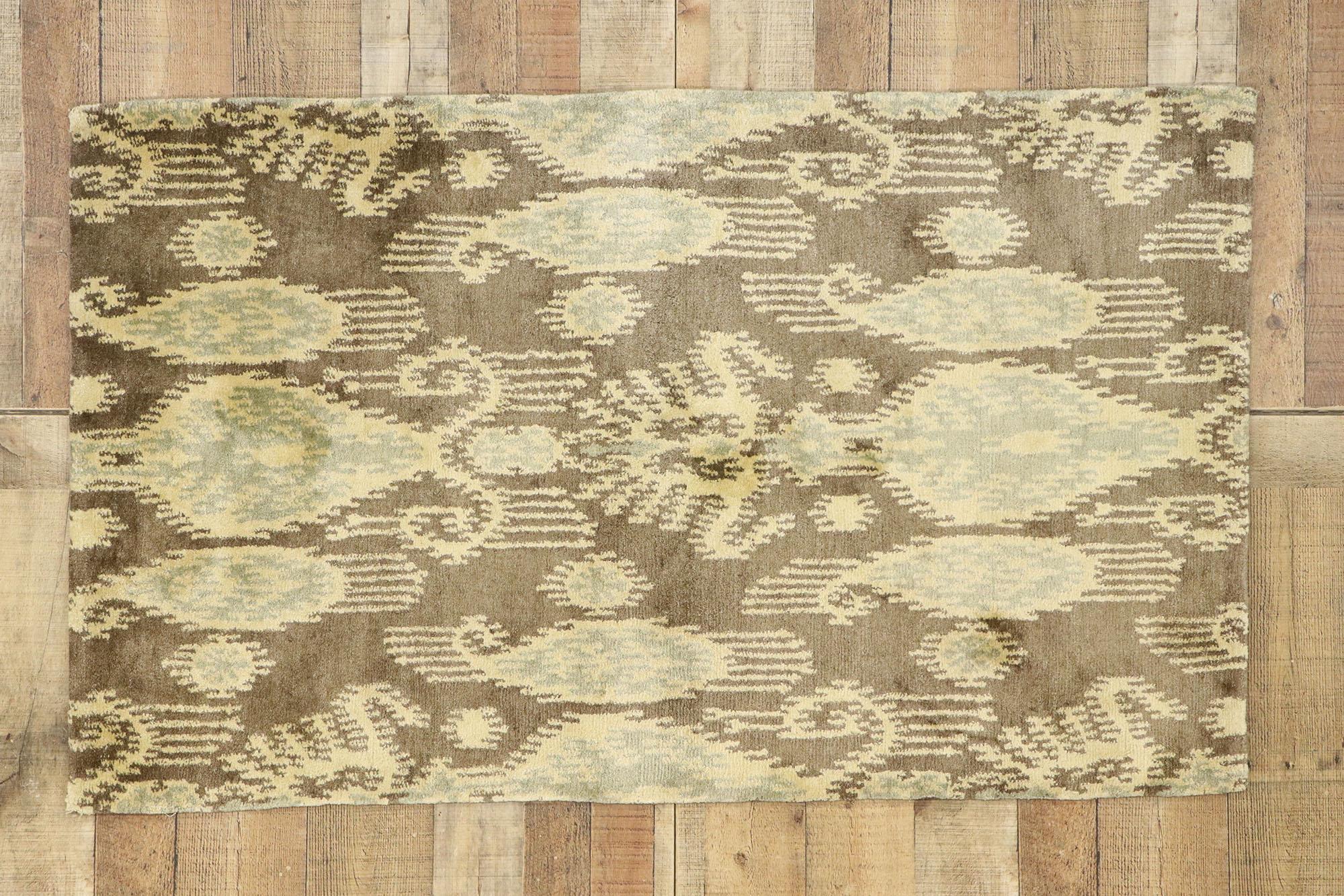 New Transitional Ikat Rug with Warm, Earth-Tones and Modern Style, Accent Rug For Sale 1