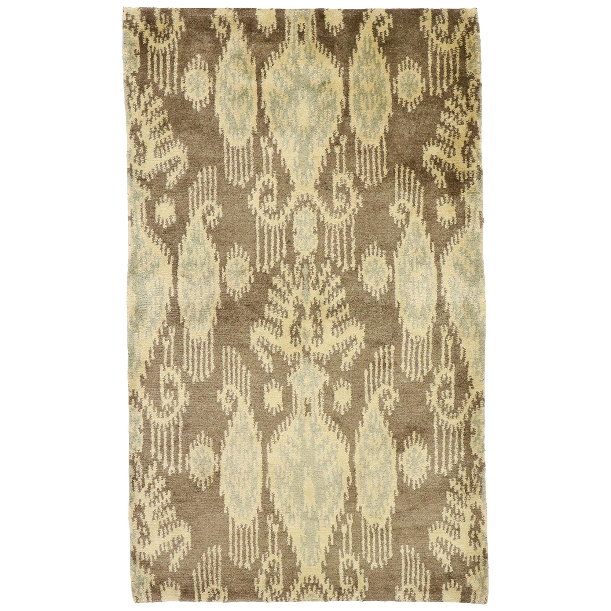 New Transitional Ikat Rug with Warm, Earth-Tones and Modern Style, Accent Rug For Sale