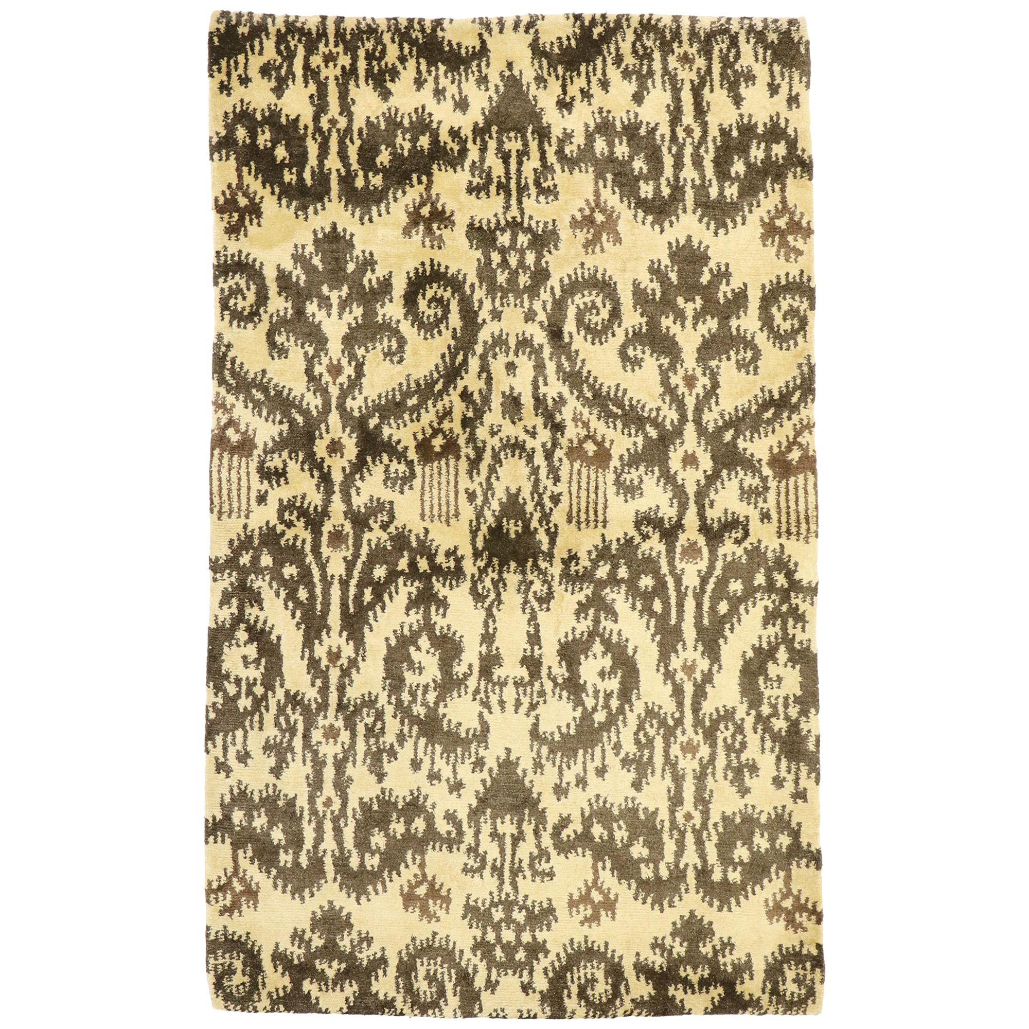 New Transitional Ikat Rug with Warm, Earth-Tones and Modern Style, Accent Rug For Sale