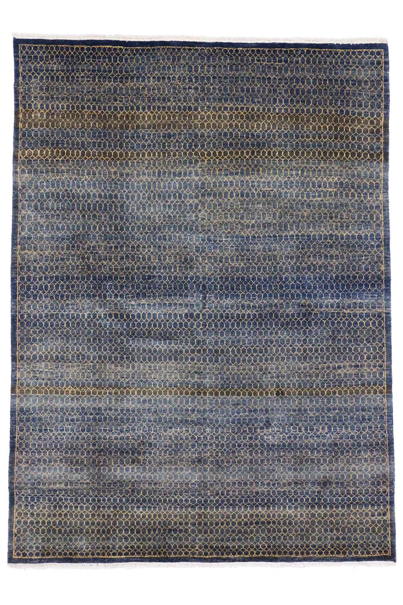 Contemporary Transitional Navy Blue Indian Area Rug, Timeless Appeal Meets Classic Elegance For Sale