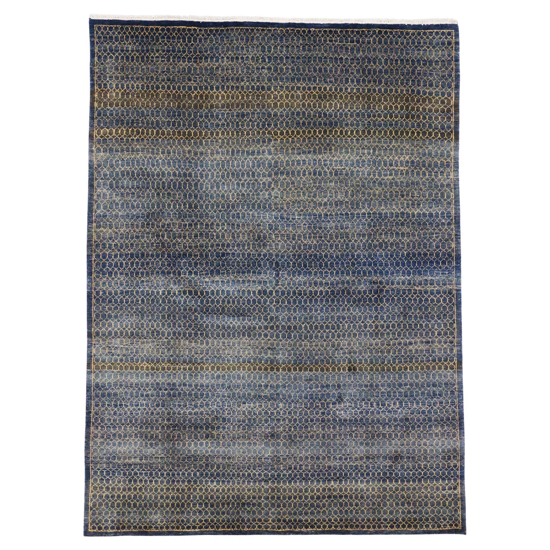 Transitional Navy Blue Indian Area Rug, Timeless Appeal Meets Classic Elegance For Sale