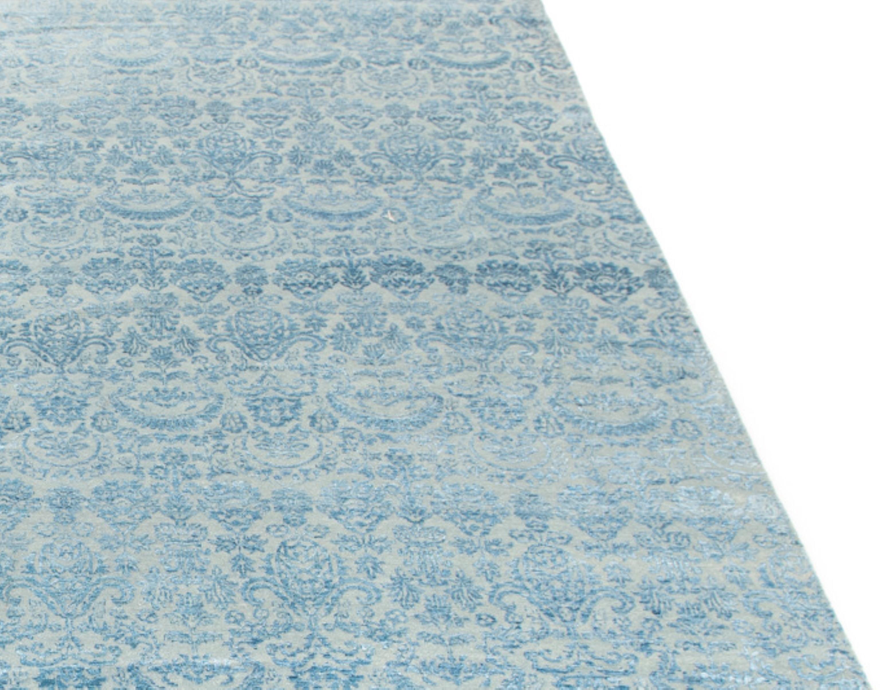 Indian New Transitional Indo Rug, Tone on Tone Design Hand Knotted Wool, Blue and Gray For Sale