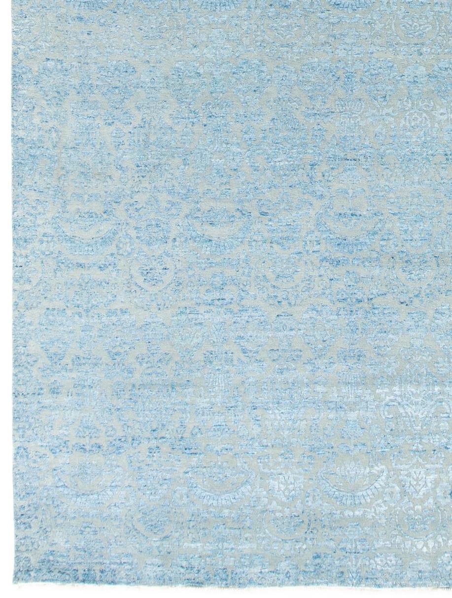 New Transitional Indo Rug, Tone on Tone Design Hand Knotted Wool, Blue and Gray In New Condition For Sale In Evanston, IL