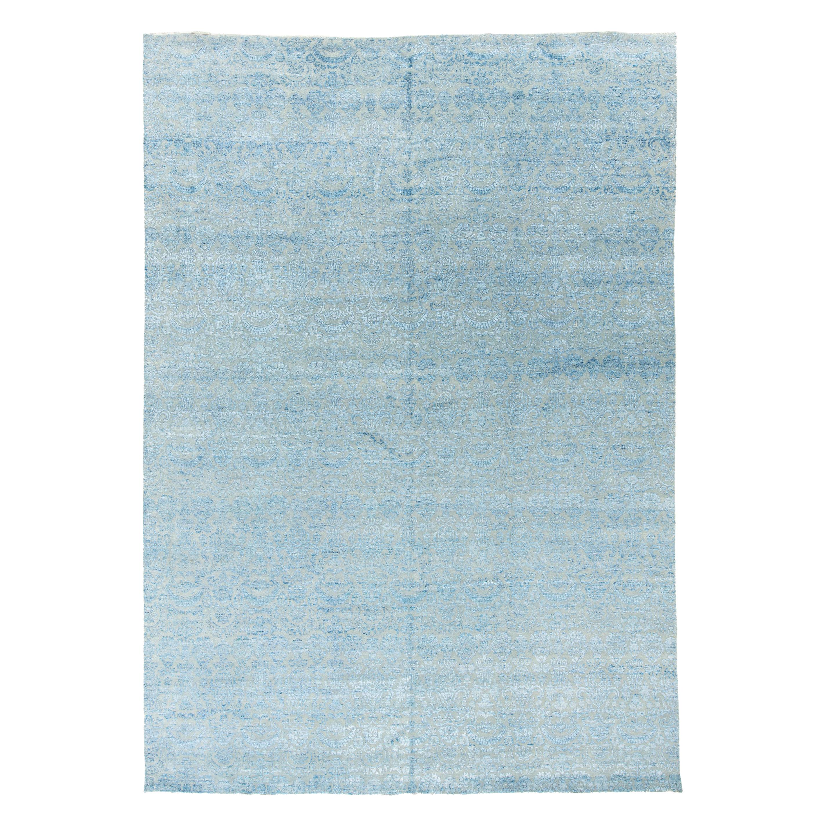 New Transitional Indo Rug, Tone on Tone Design Hand Knotted Wool, Blue and Gray For Sale